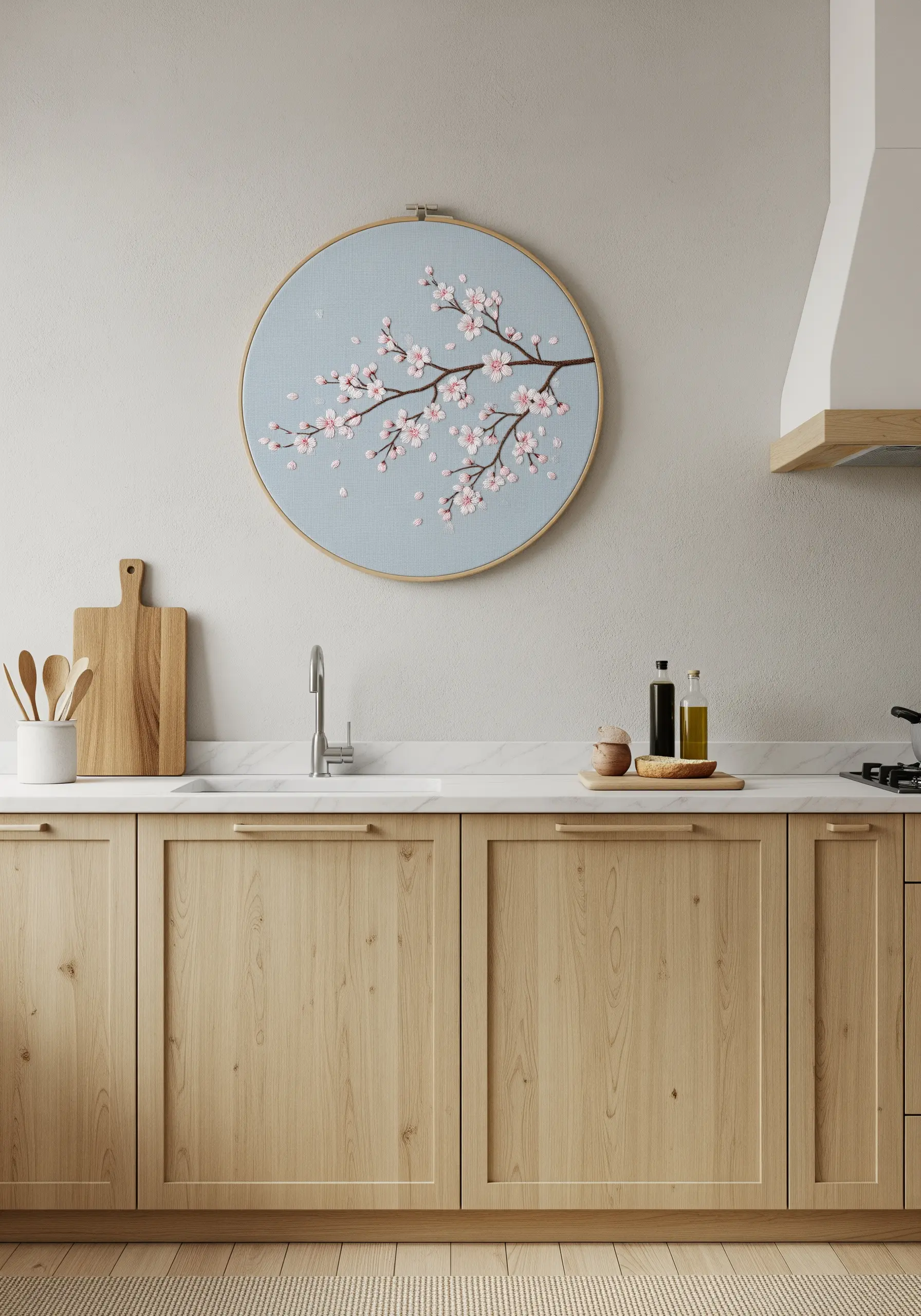 A large embroidery hoop with a delicate cherry blossom branch on a light blue background.