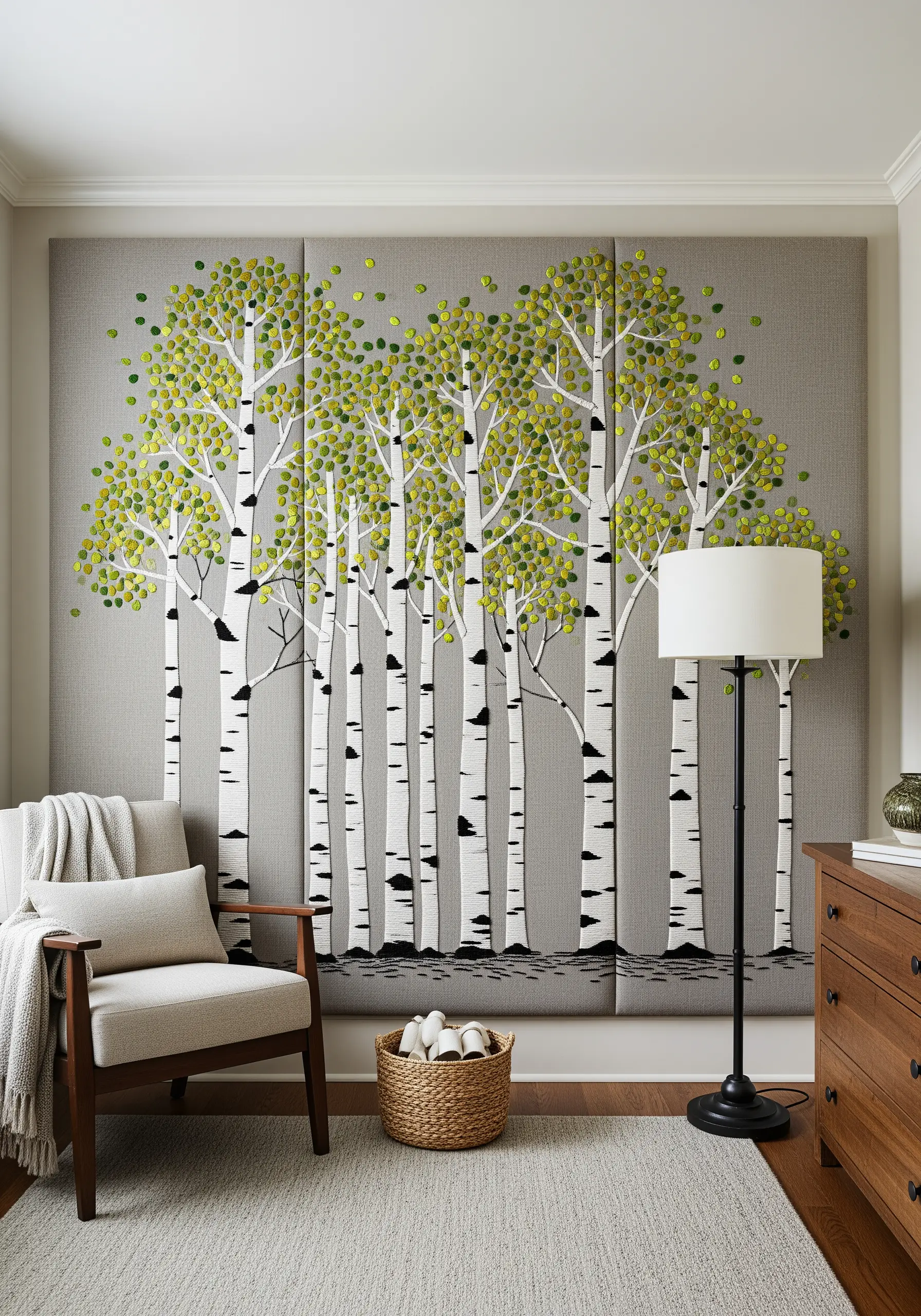 Large, multi-panel wall art depicting a forest of birch trees with embroidered leaves