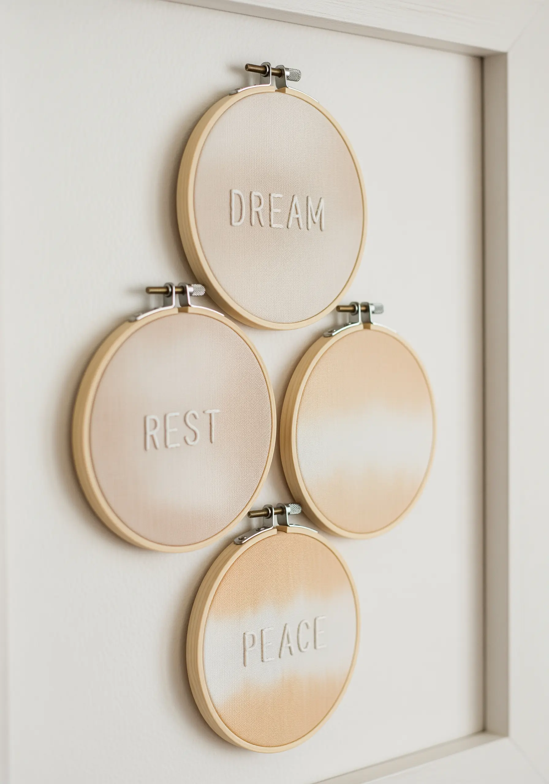 Four embroidery hoops with words like 'Dream' and 'Rest' created from negative space
