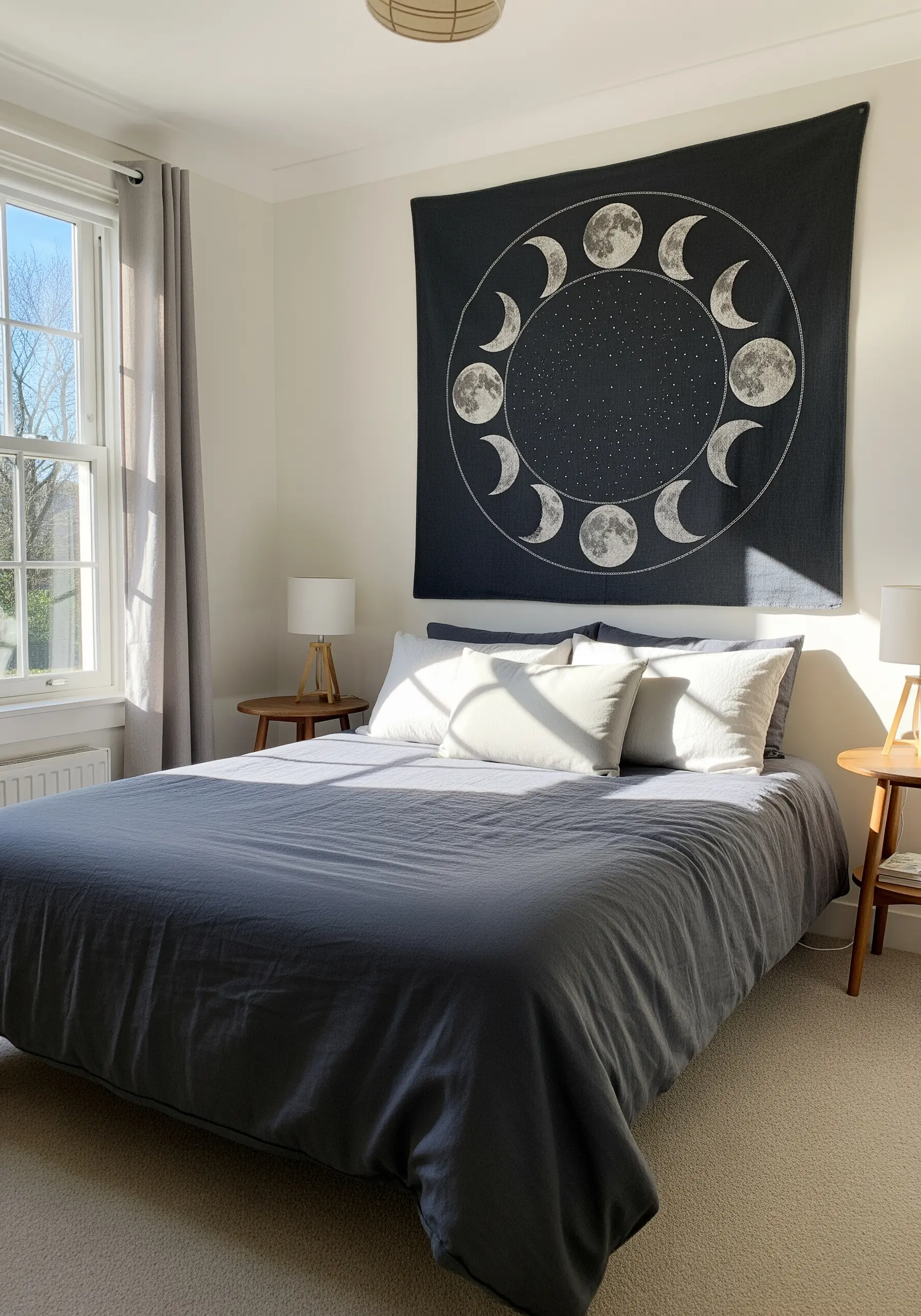 A large black wall tapestry depicting the phases of the moon in white and gray thread.