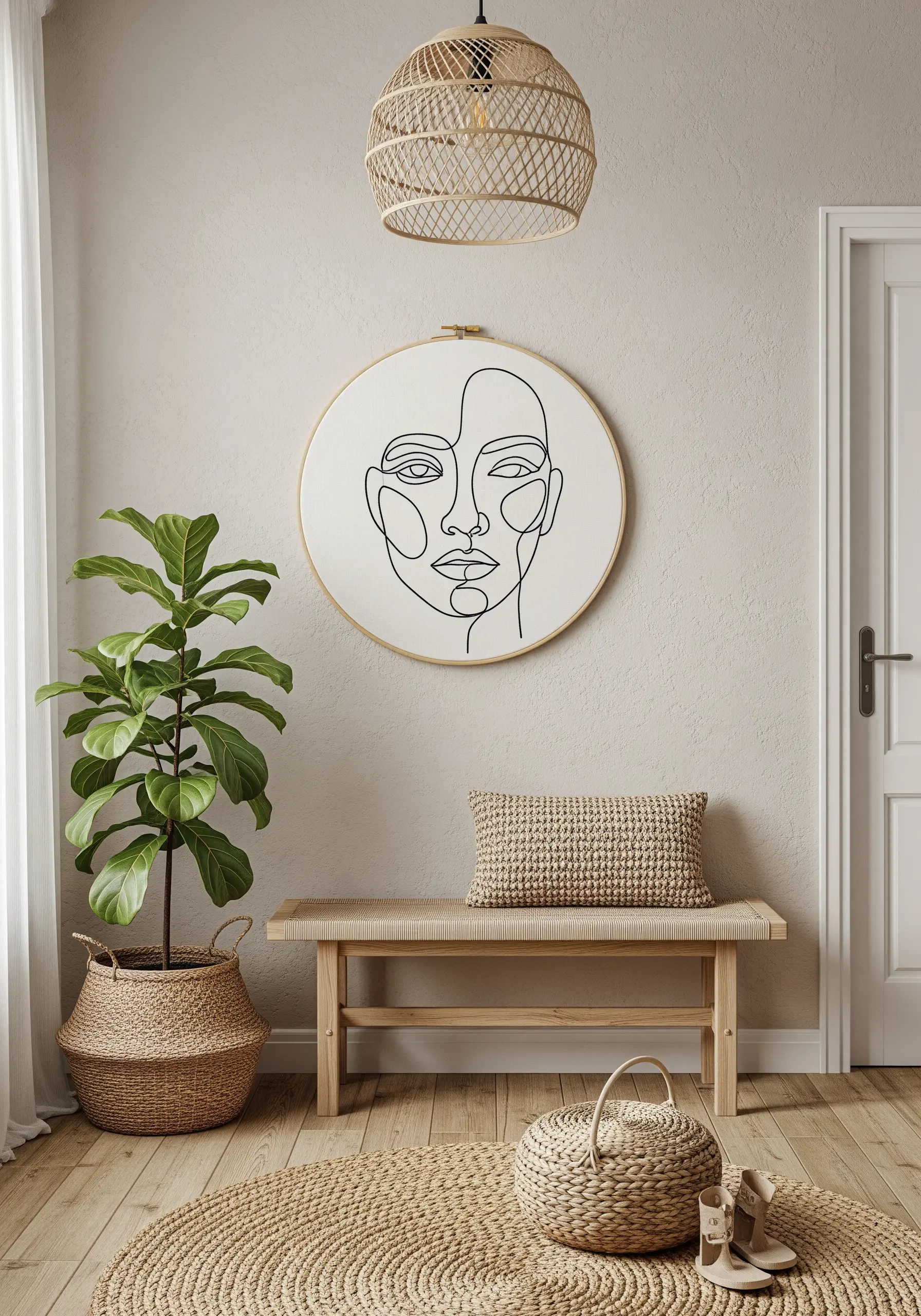 Off-center line art portrait in a hoop, hanging in a minimalist entryway.