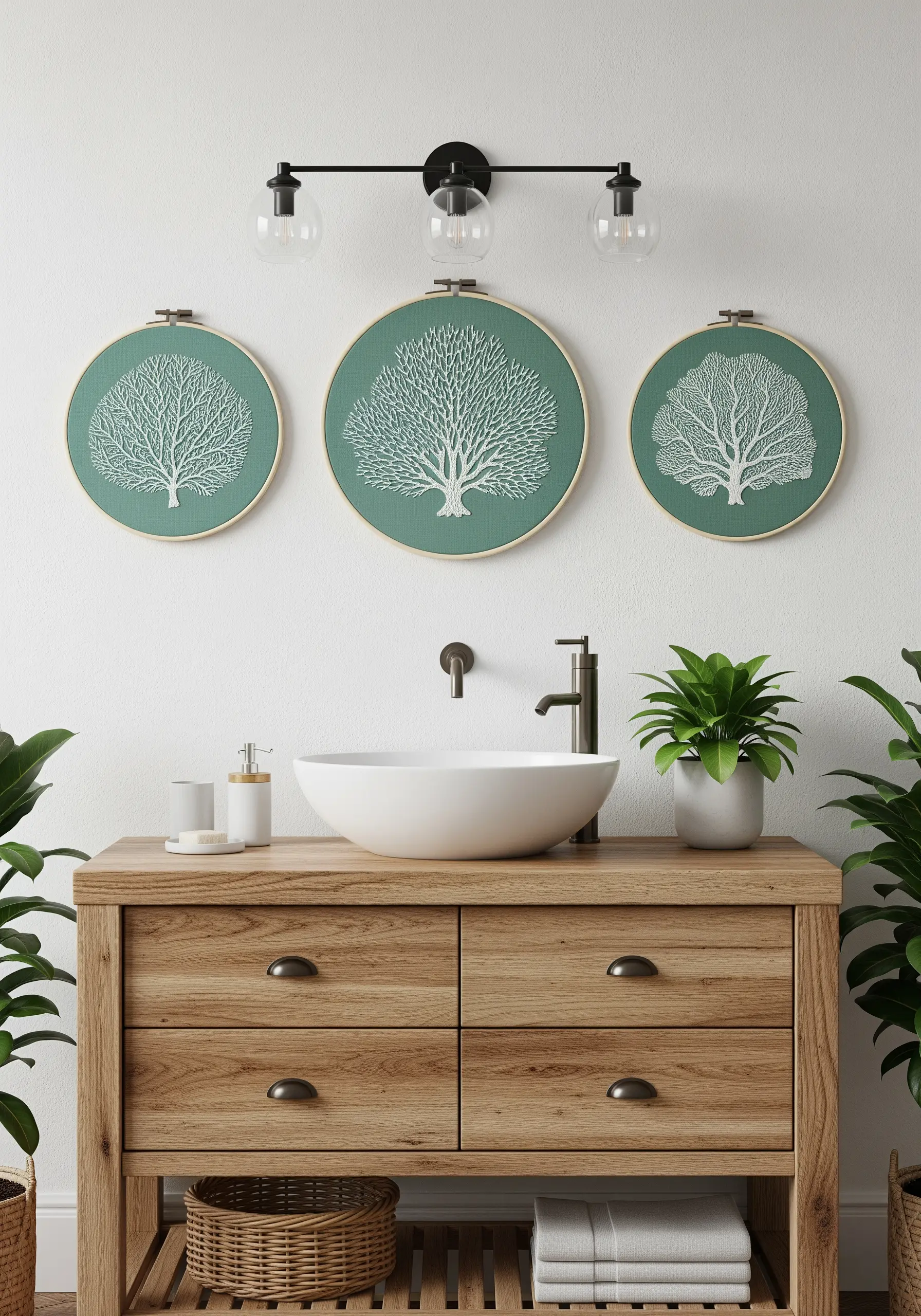 Three embroidery hoops with detailed white tree silhouettes on a sage green background.