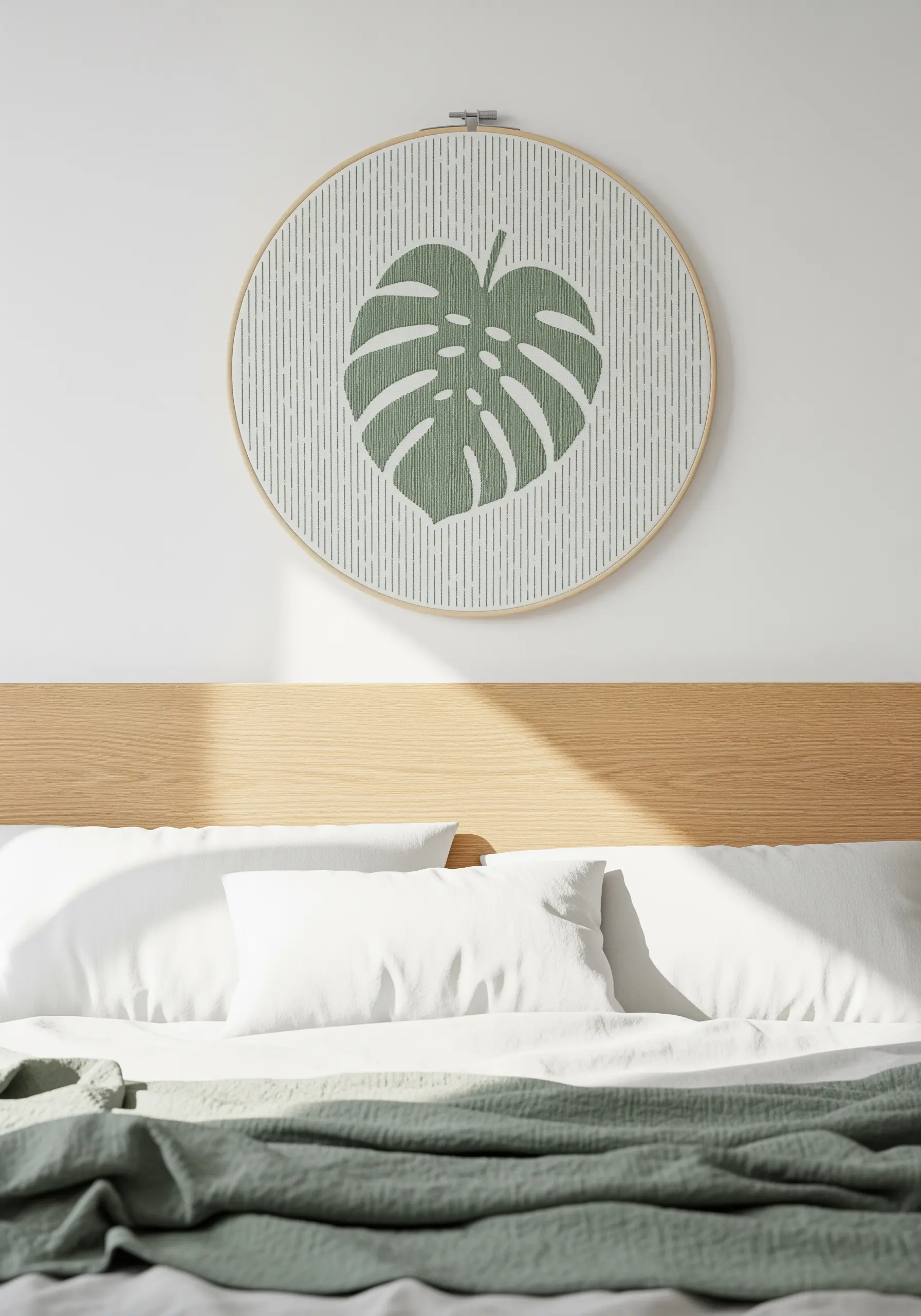 A large embroidery hoop featuring a monstera leaf created with negative space.
