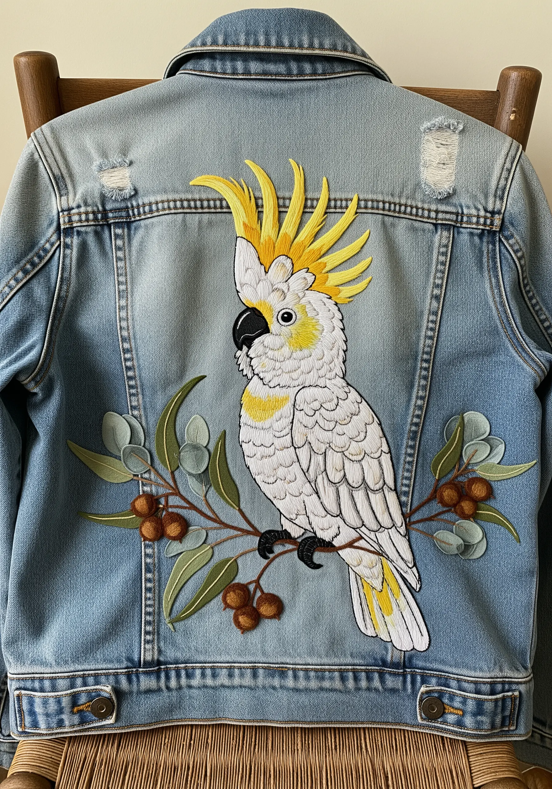 Sulphur-crested cockatoo with a yellow crest embroidered on a light-wash denim jacket.