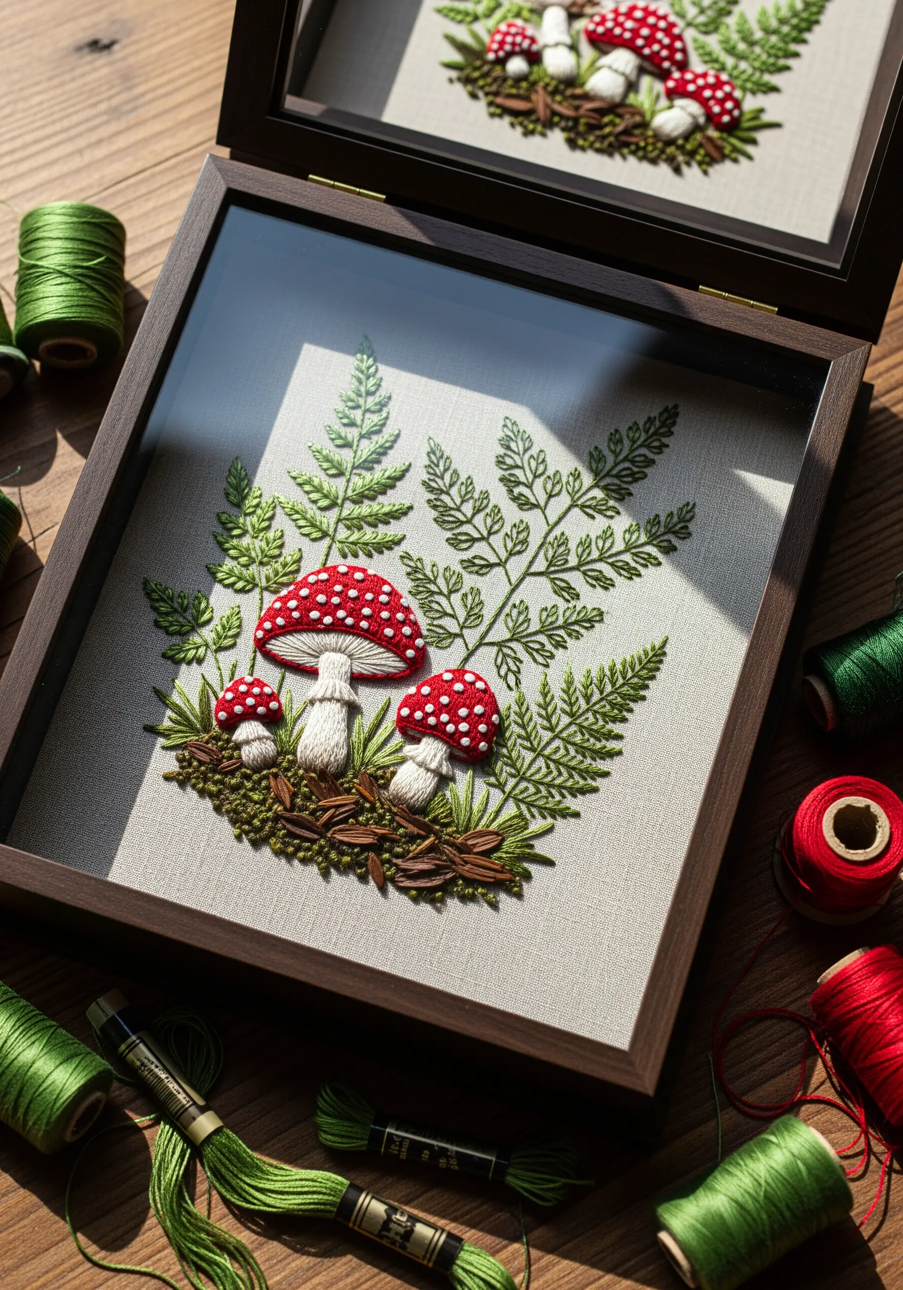 3D embroidered mushrooms with padded satin stitch caps next to delicate green ferns.