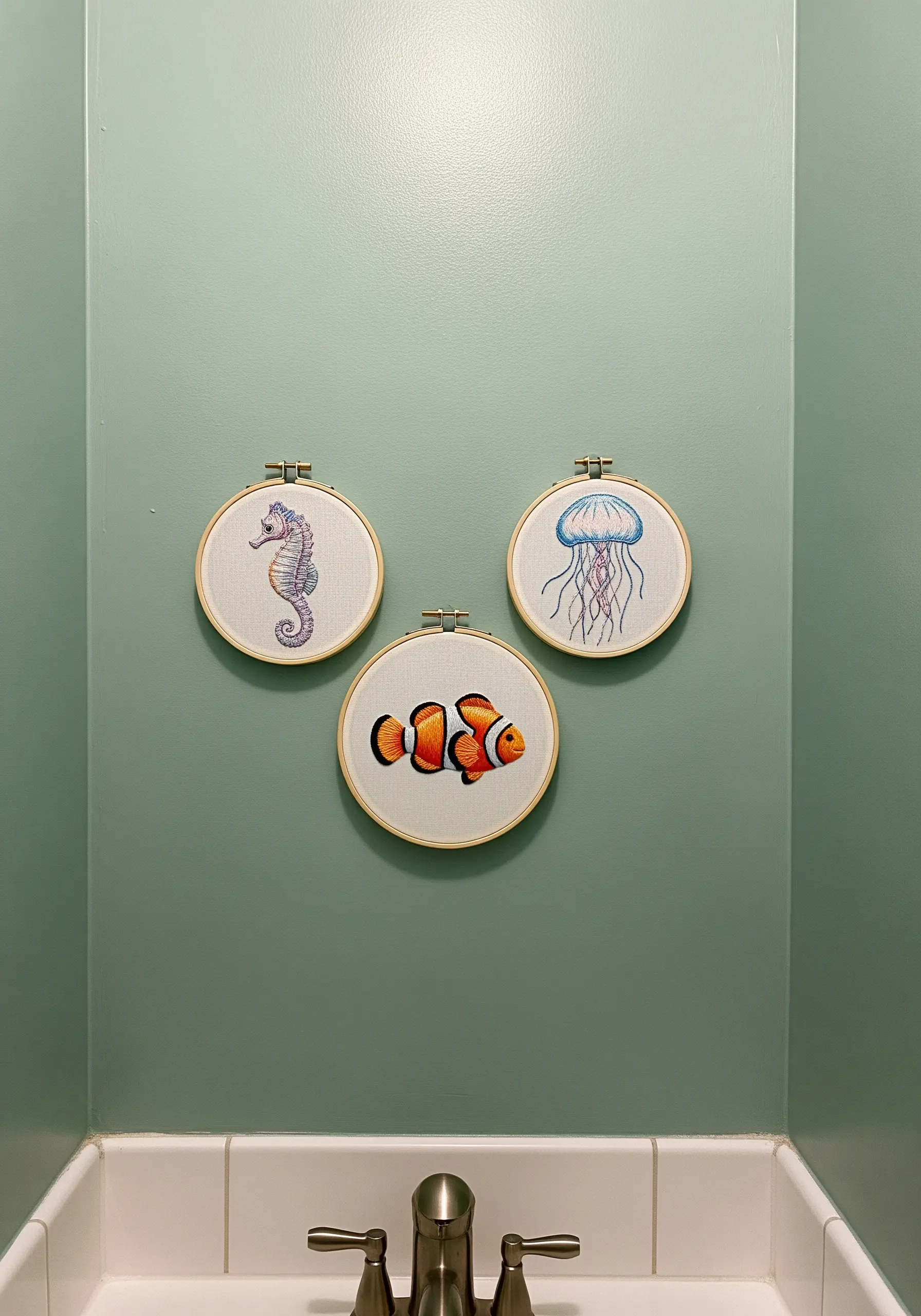 Three embroidery hoops with a seahorse, jellyfish, and clownfish hanging on a green wall.