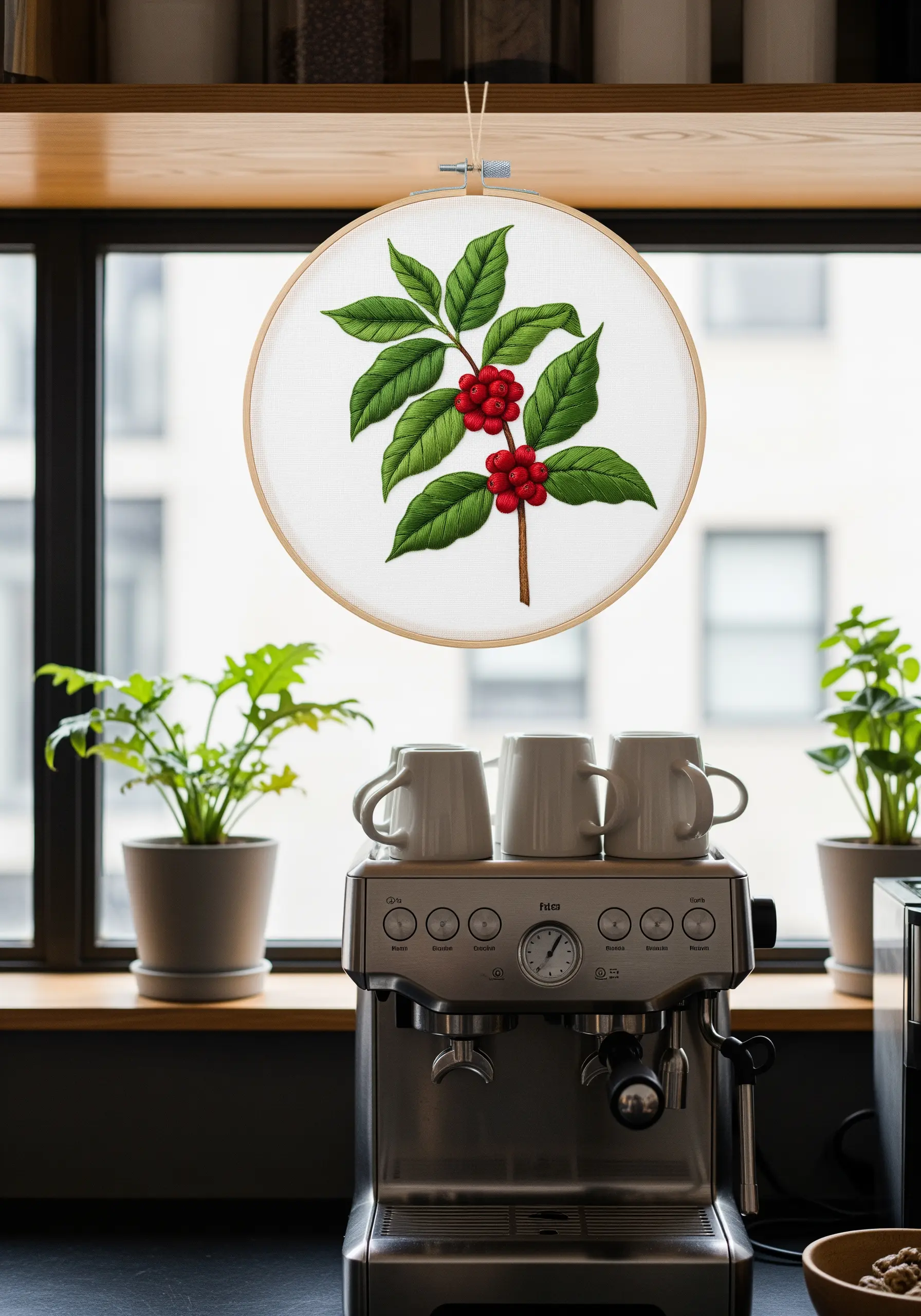 An embroidered coffee plant branch with glossy green leaves and plump red berries hanging in a window.