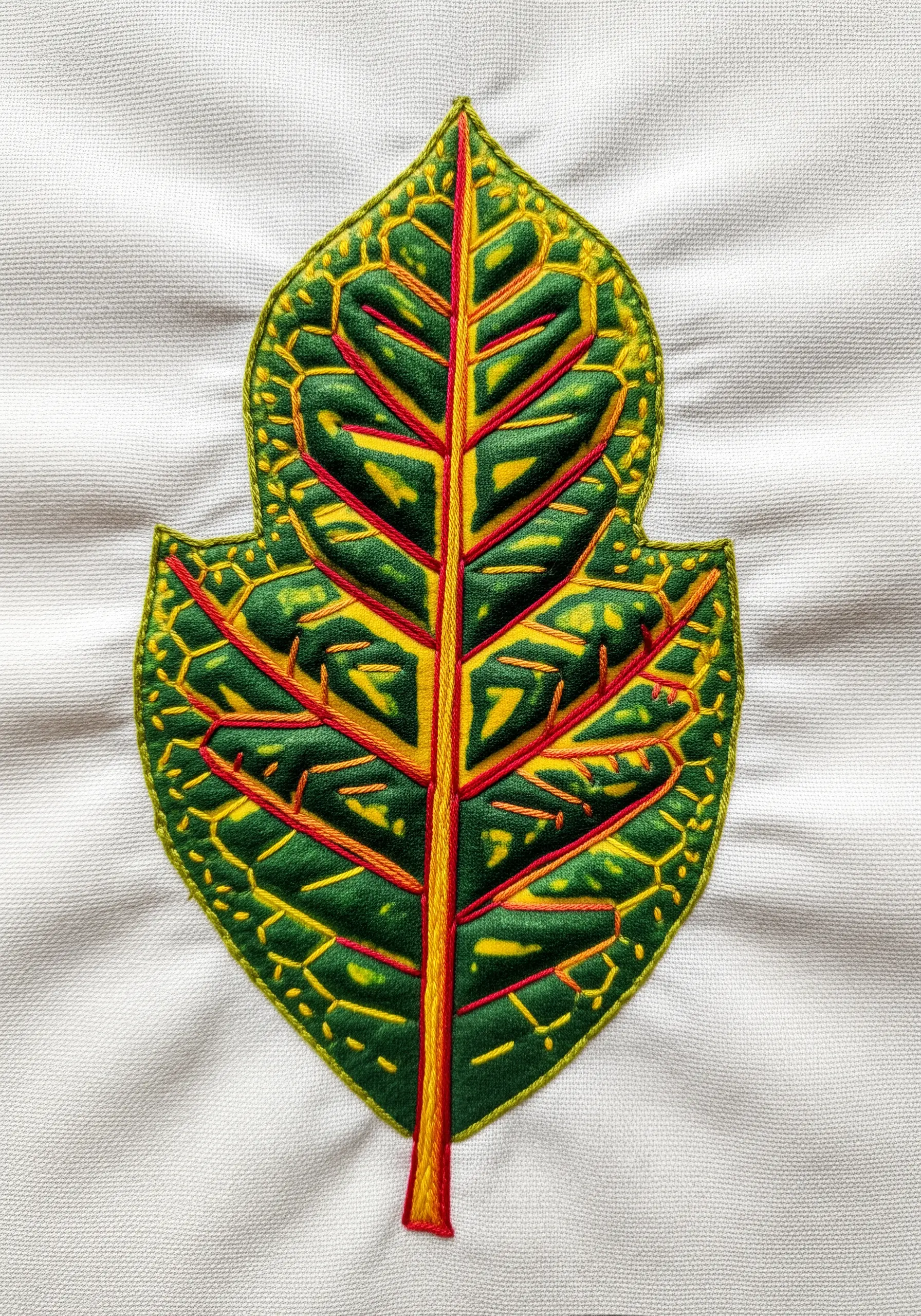 A Croton leaf embroidery with raised, padded satin stitch veins in yellow and red.