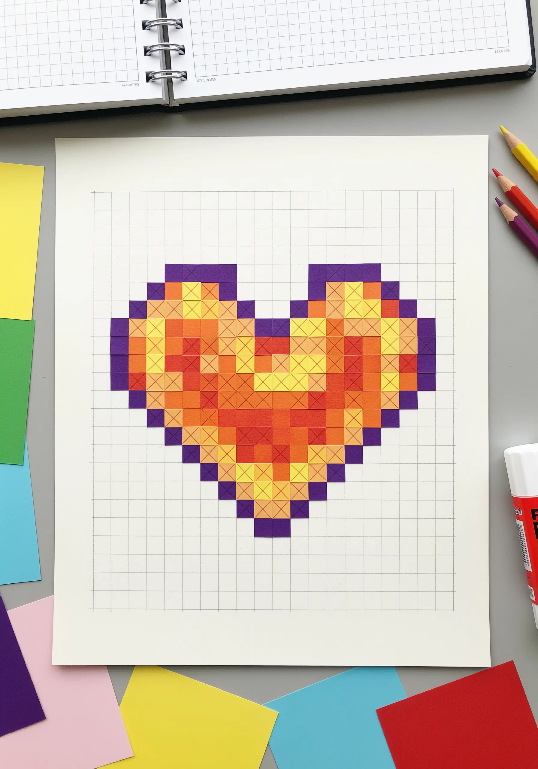A pixelated heart made from small, colored paper squares arranged on a grid paper.