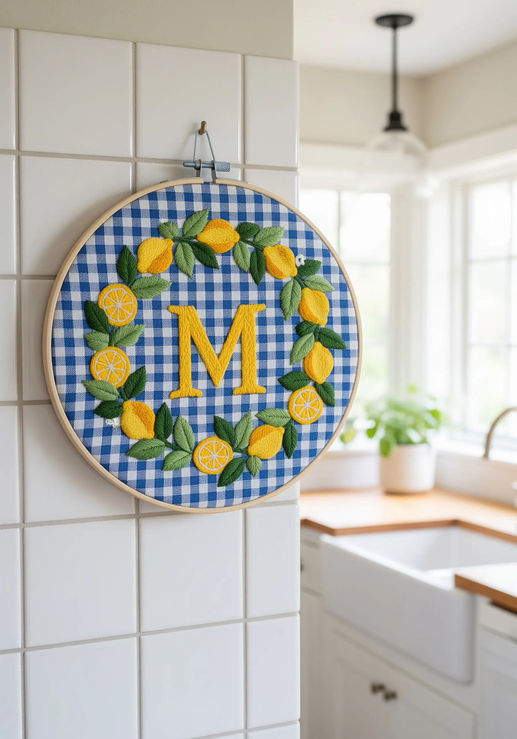 Lemon wreath and monogram 'M' embroidered on blue gingham fabric.