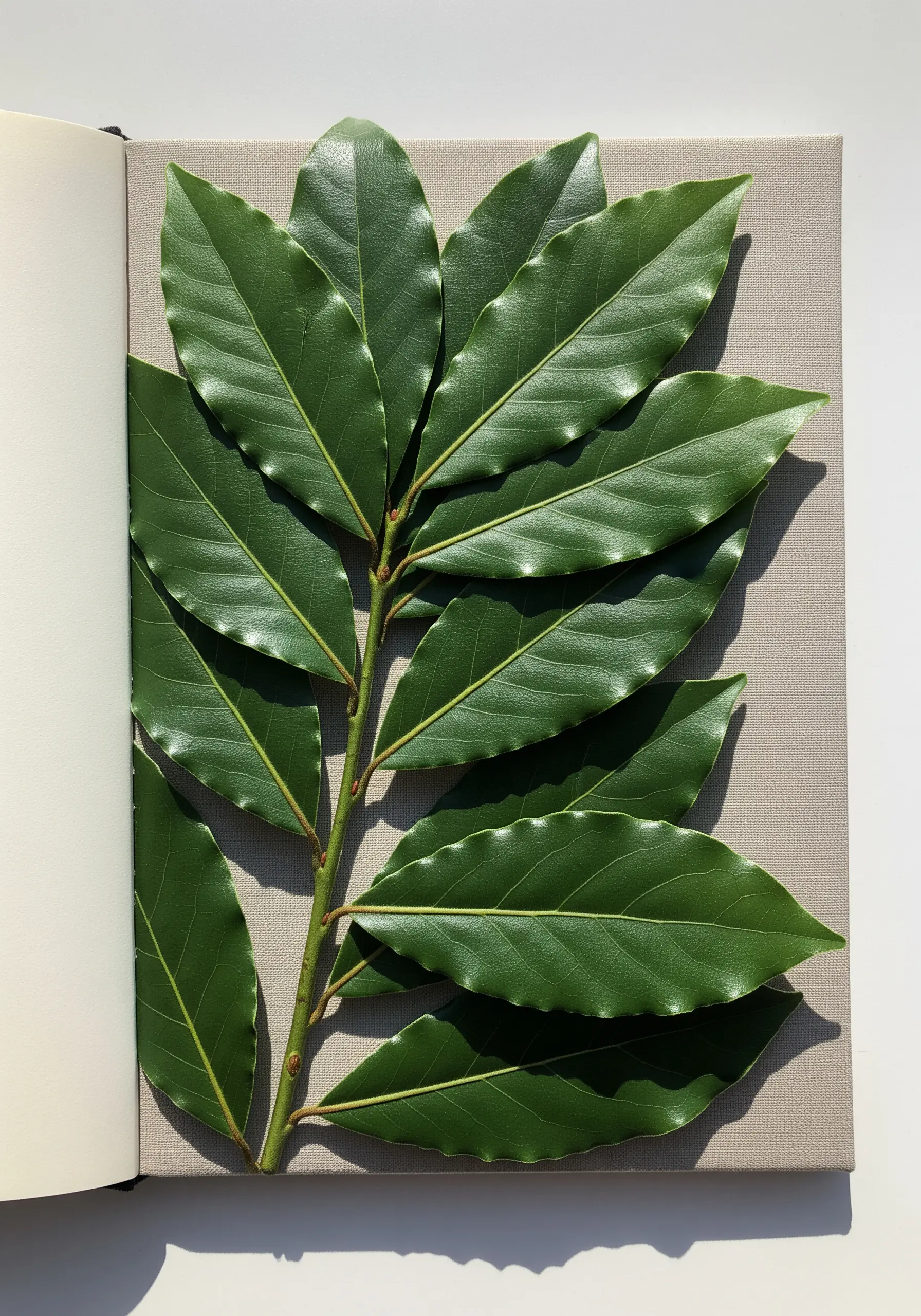 A branch of fresh bay leaves arranged on canvas, ready to be used as a template.