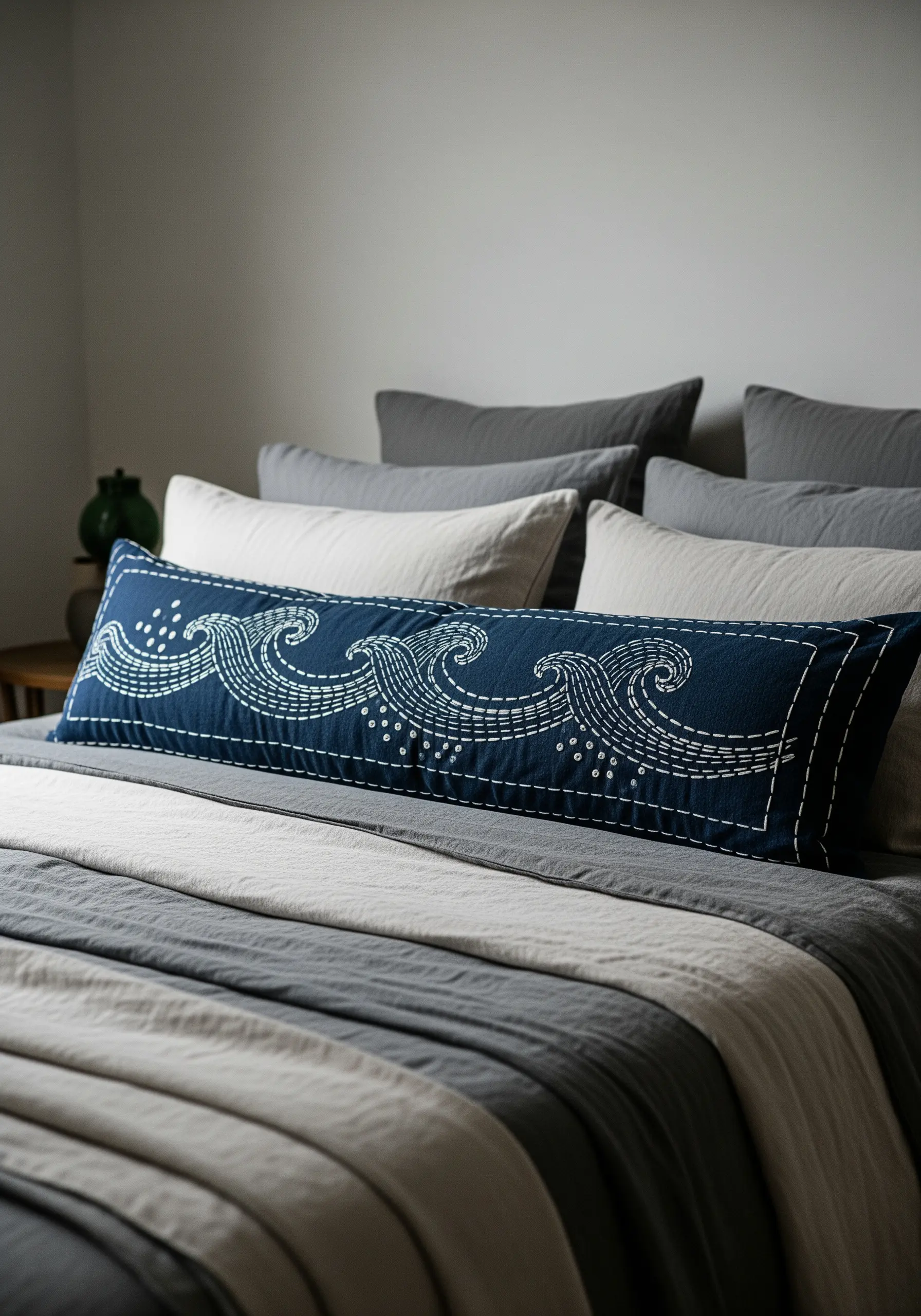 A long, dark blue pillow embroidered with white Sashiko-style waves and dots.
