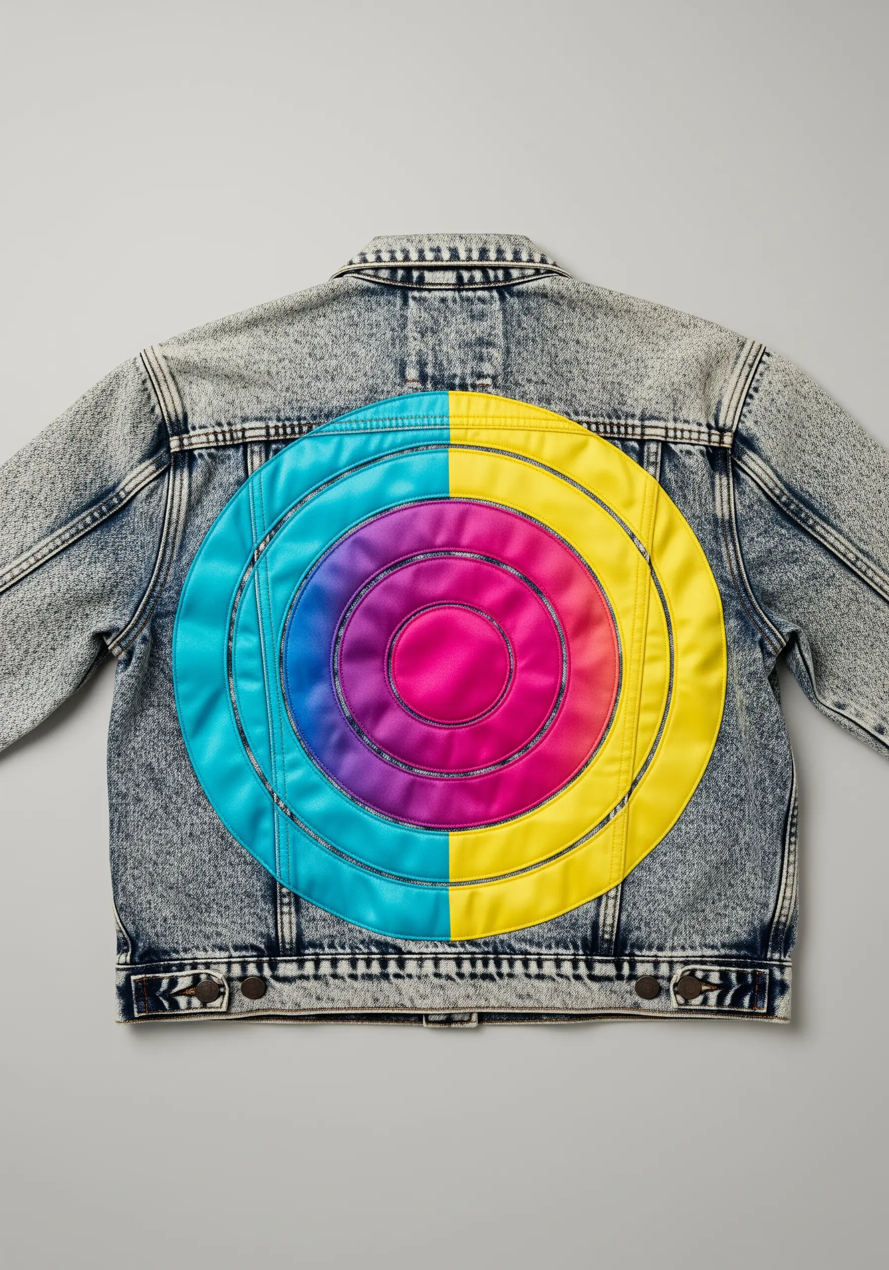 A large, color-blocked target design in shiny satin fabric on the back of a denim jacket.