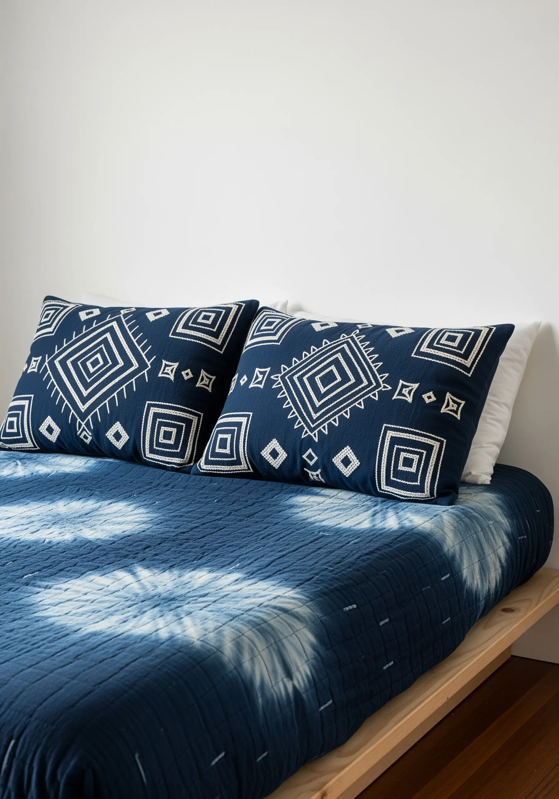 Bold geometric diamonds in white satin stitch on a dark blue indigo pillow.