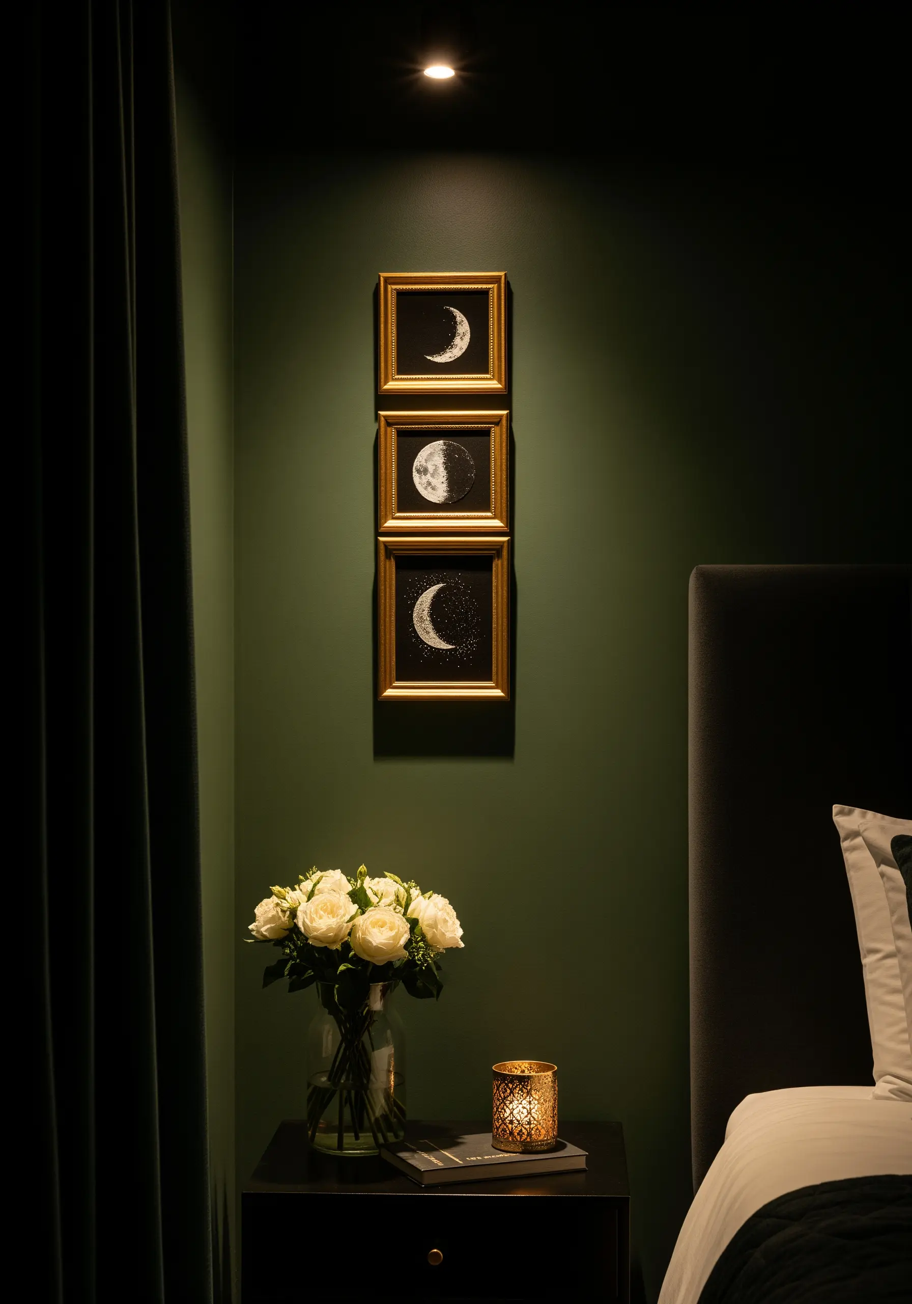 Three gold-framed embroideries of moon phases hanging vertically on a dark green bedroom wall.