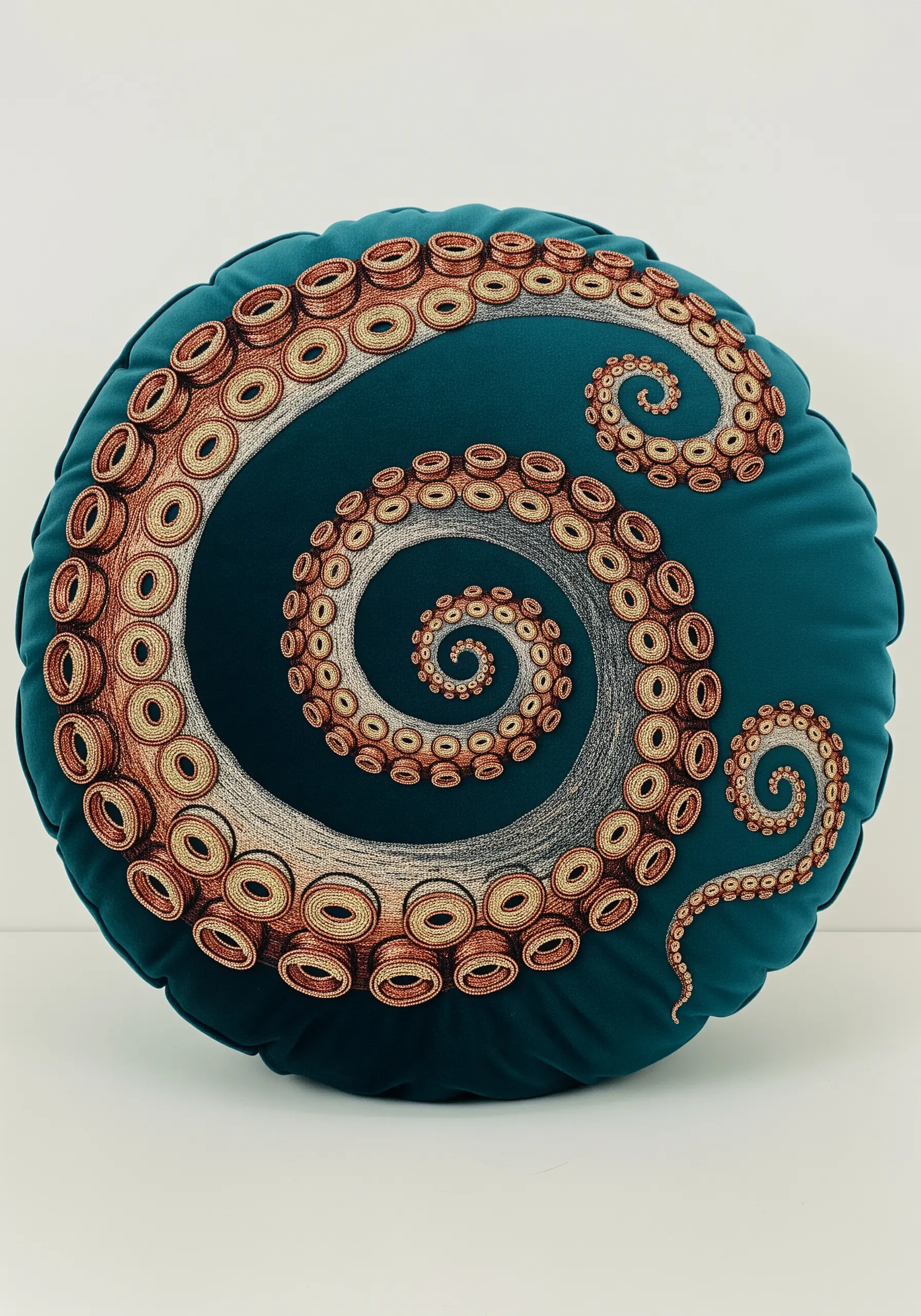 A spiraling octopus tentacle embroidered on a round, dark teal pillow