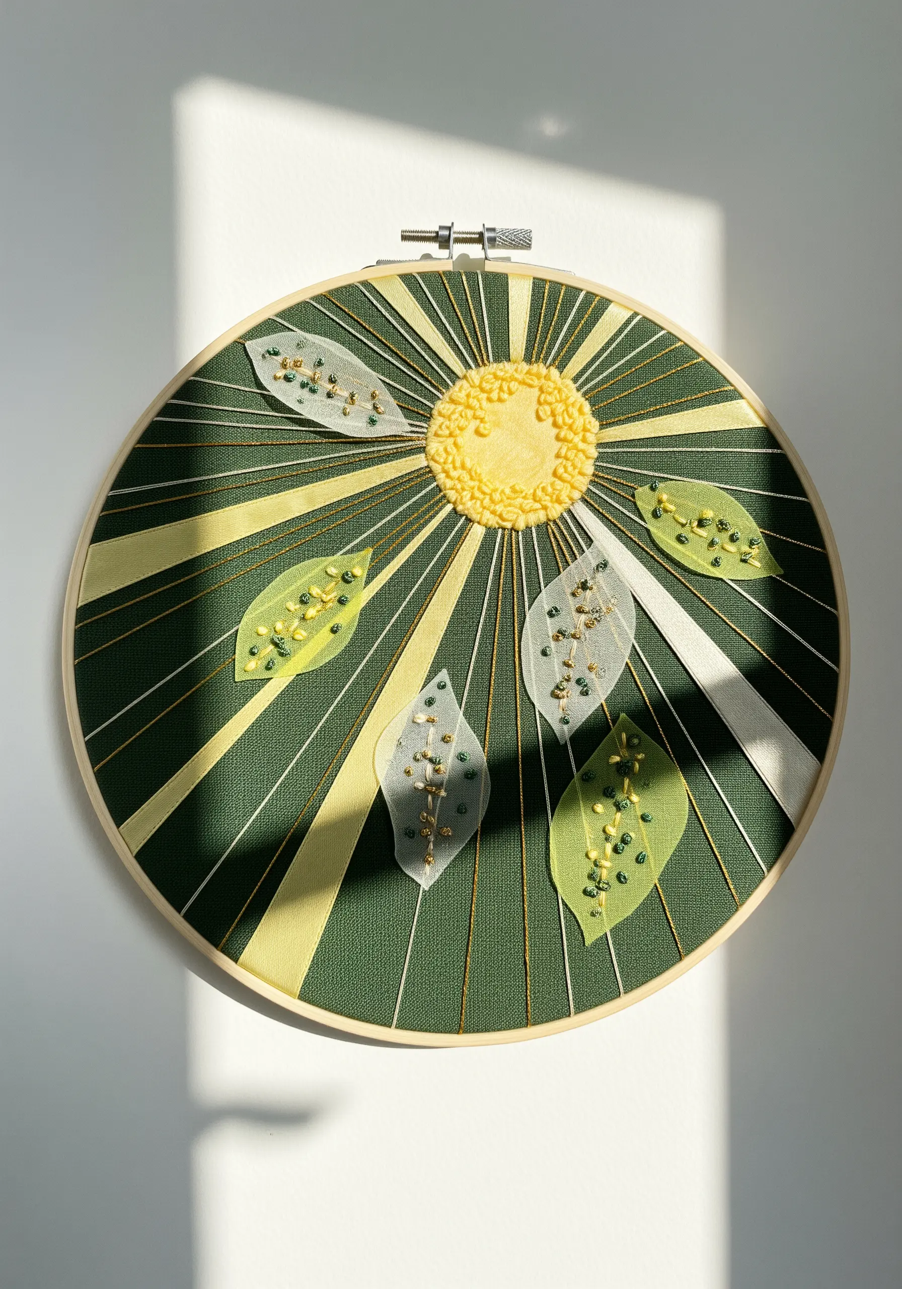 Abstract flower embroidery with sheer fabric leaves on a dark green sunburst background.