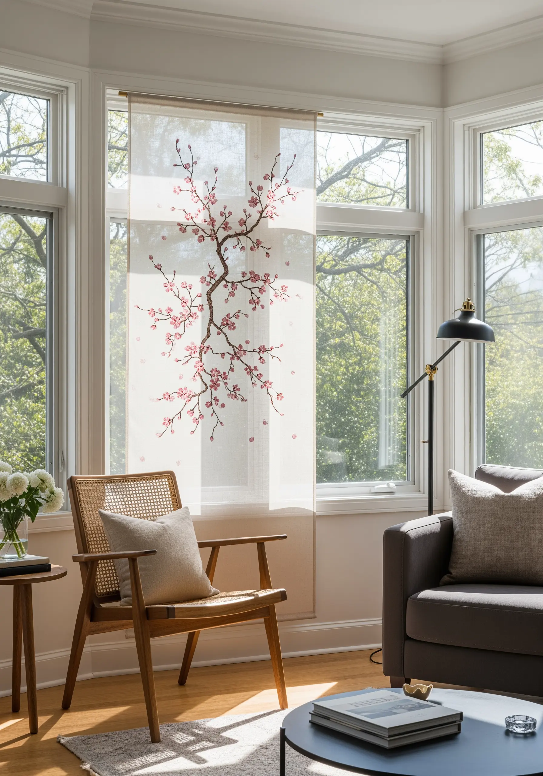 A sheer fabric panel embroidered with a cherry blossom branch hanging in a sunlit window.