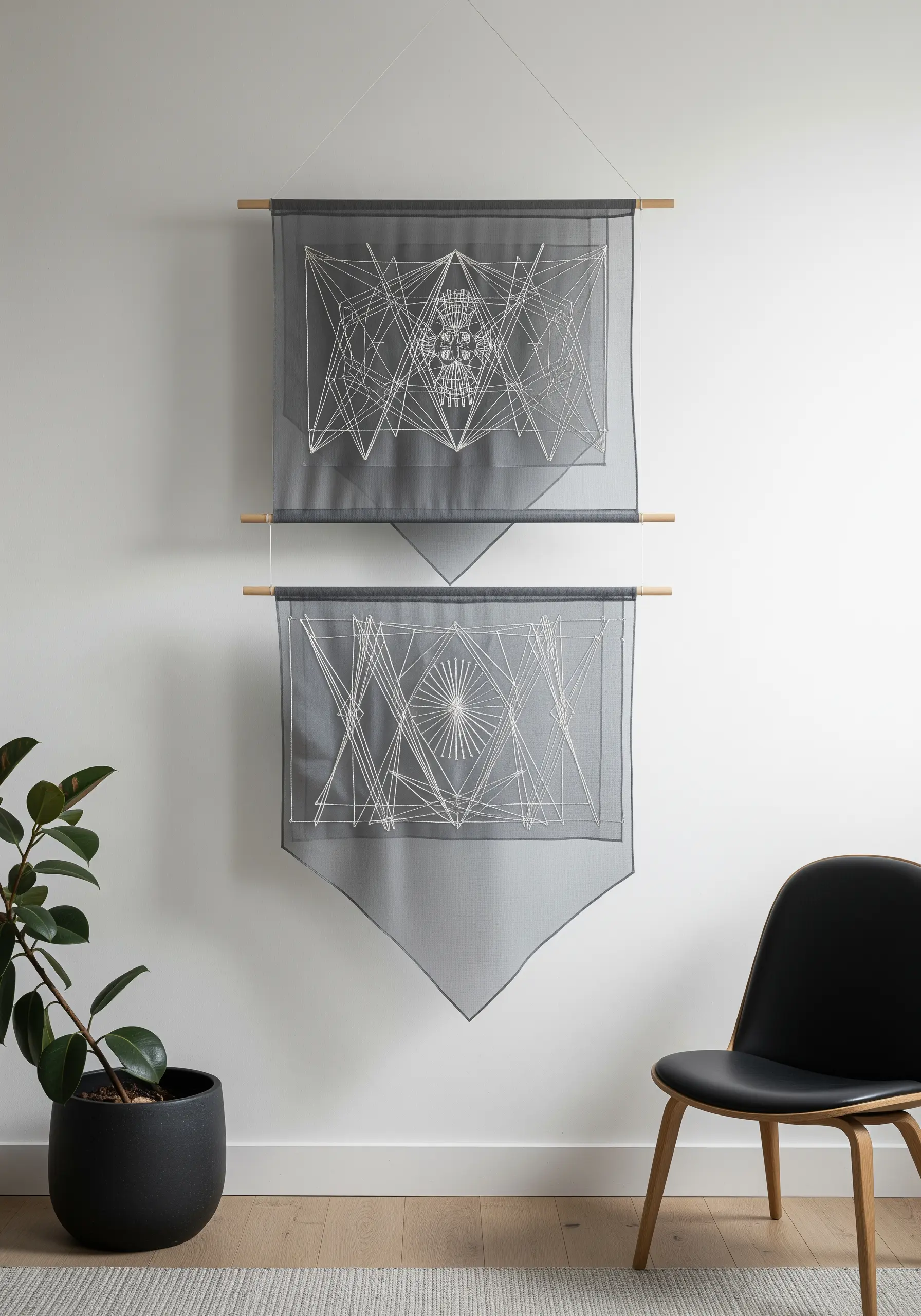 Geometric string art style embroidery in white on two sheer, gray banners.