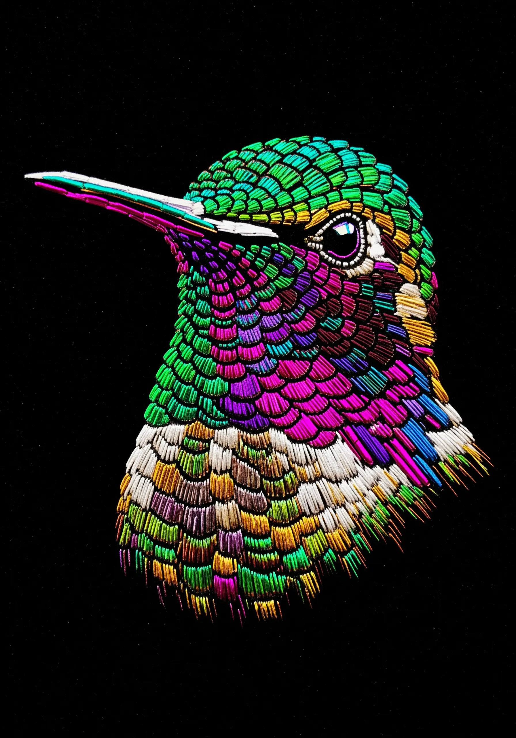 Abstract hummingbird portrait made of short, colorful, scale-like satin stitches.