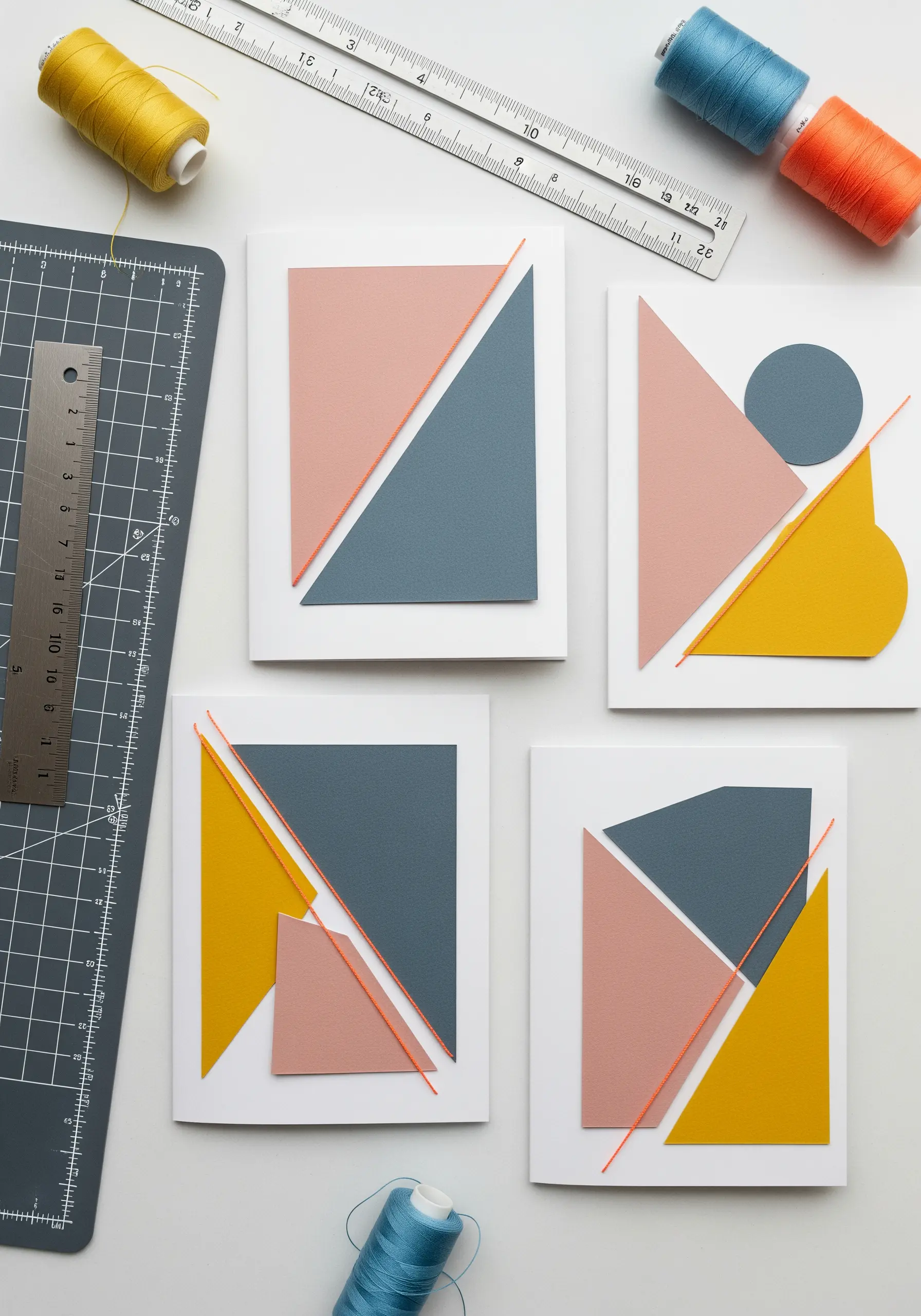 Minimalist geometric paper collages accented with single, straight lines of colored thread.