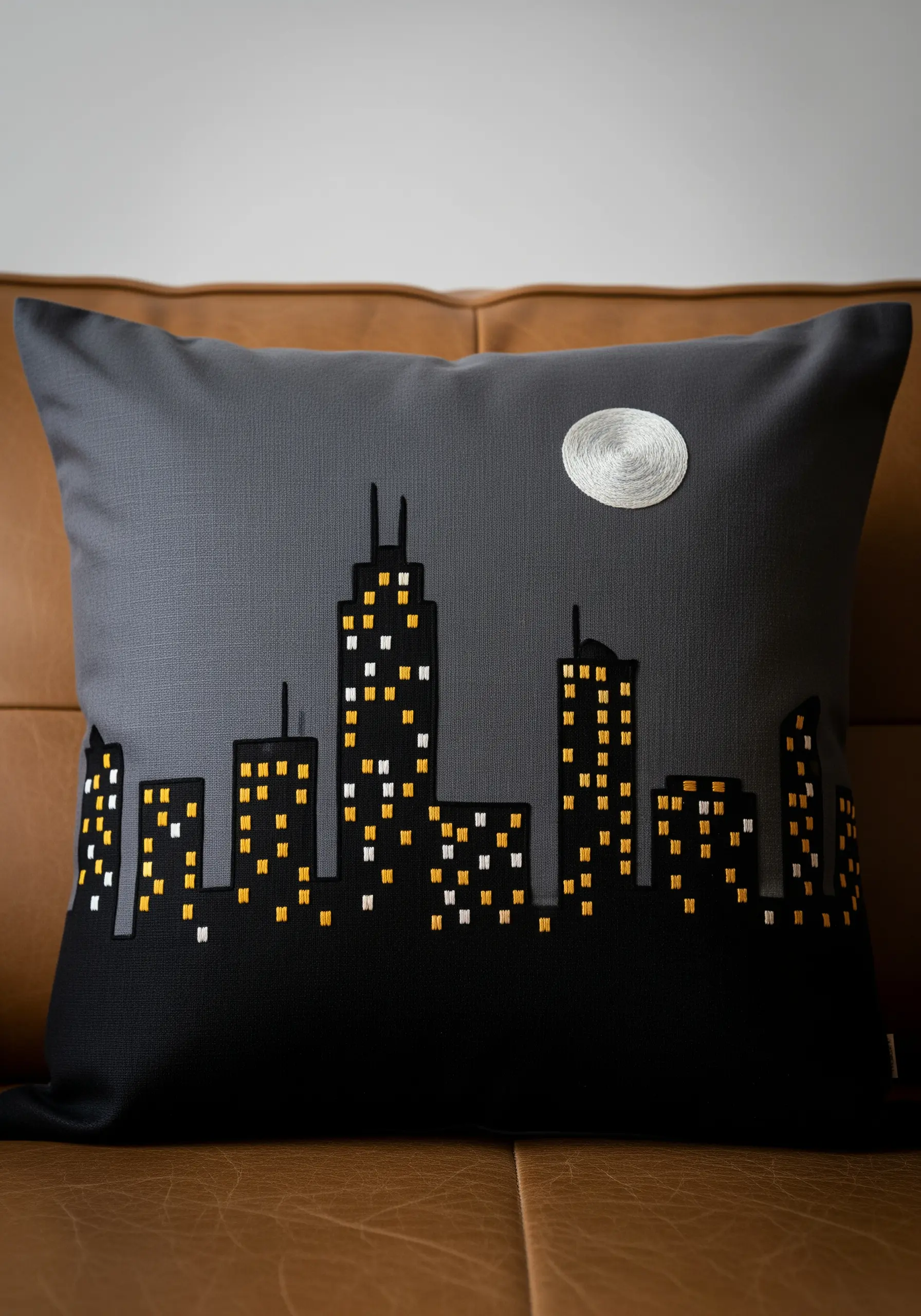 A minimalist embroidered cityscape at night on a dark grey pillow, with a textured moon.