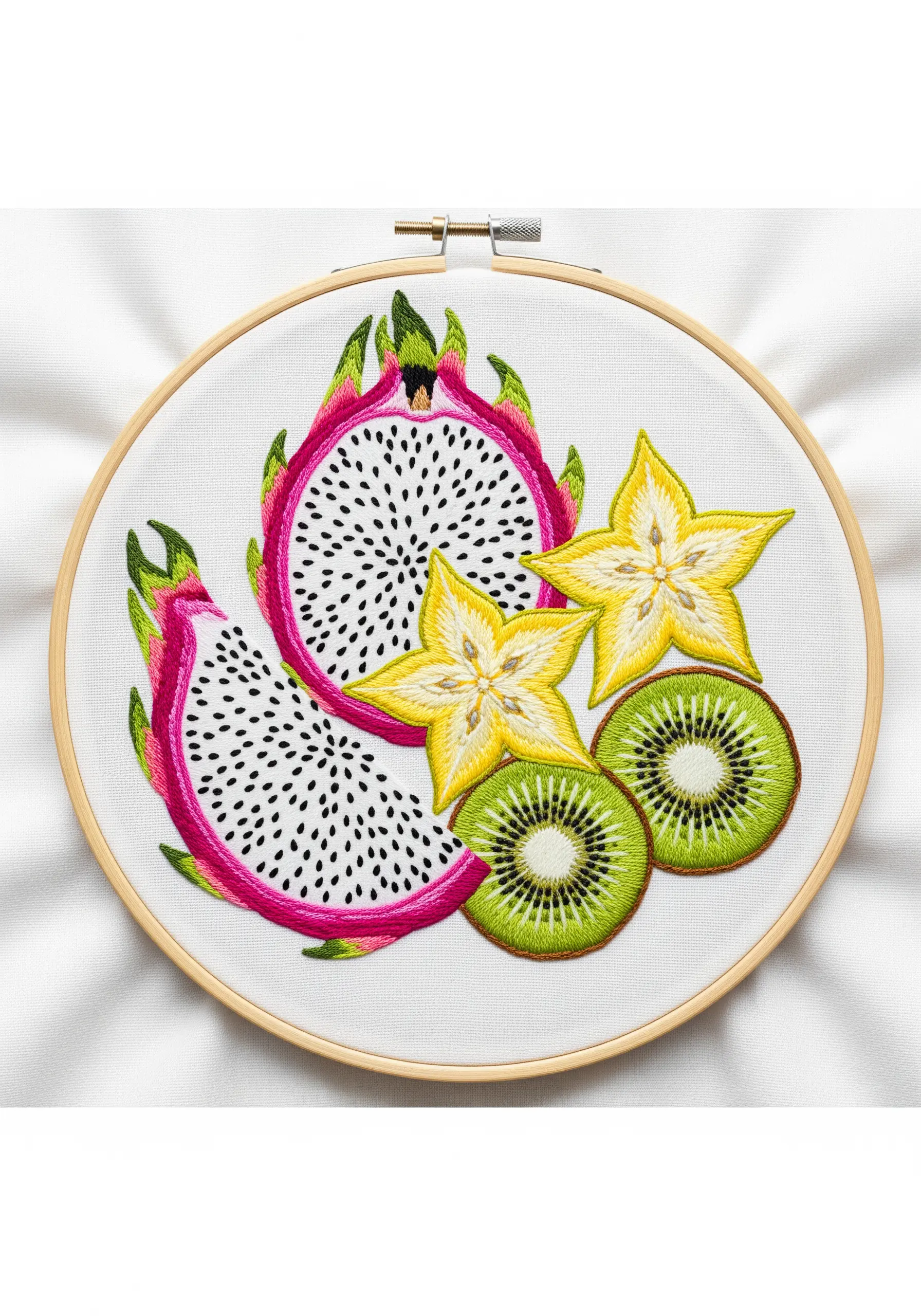 Embroidery of sliced dragon fruit, kiwi, and star fruit with textural details.