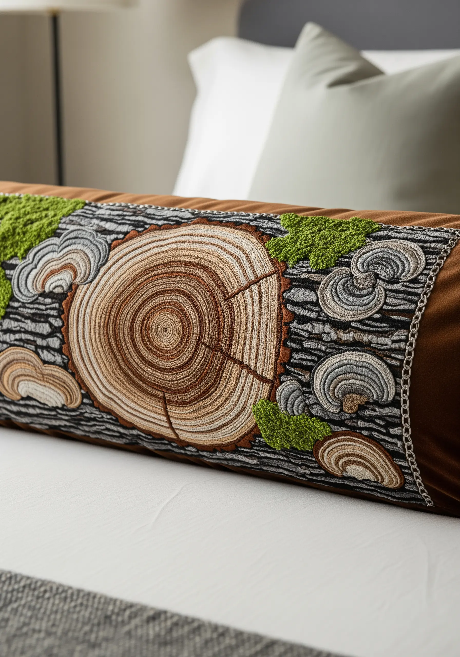 Embroidered bolster pillow depicting a log with tree rings and bark texture.