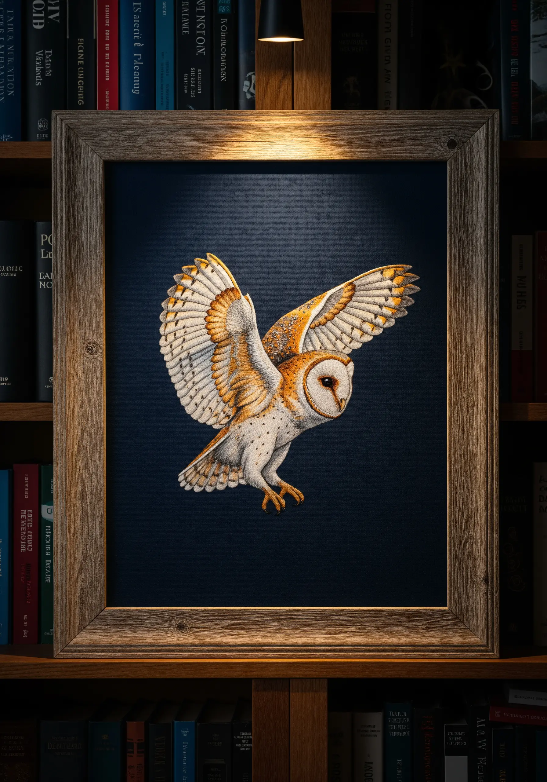A highly realistic thread-painted barn owl in flight, framed against a dark background.