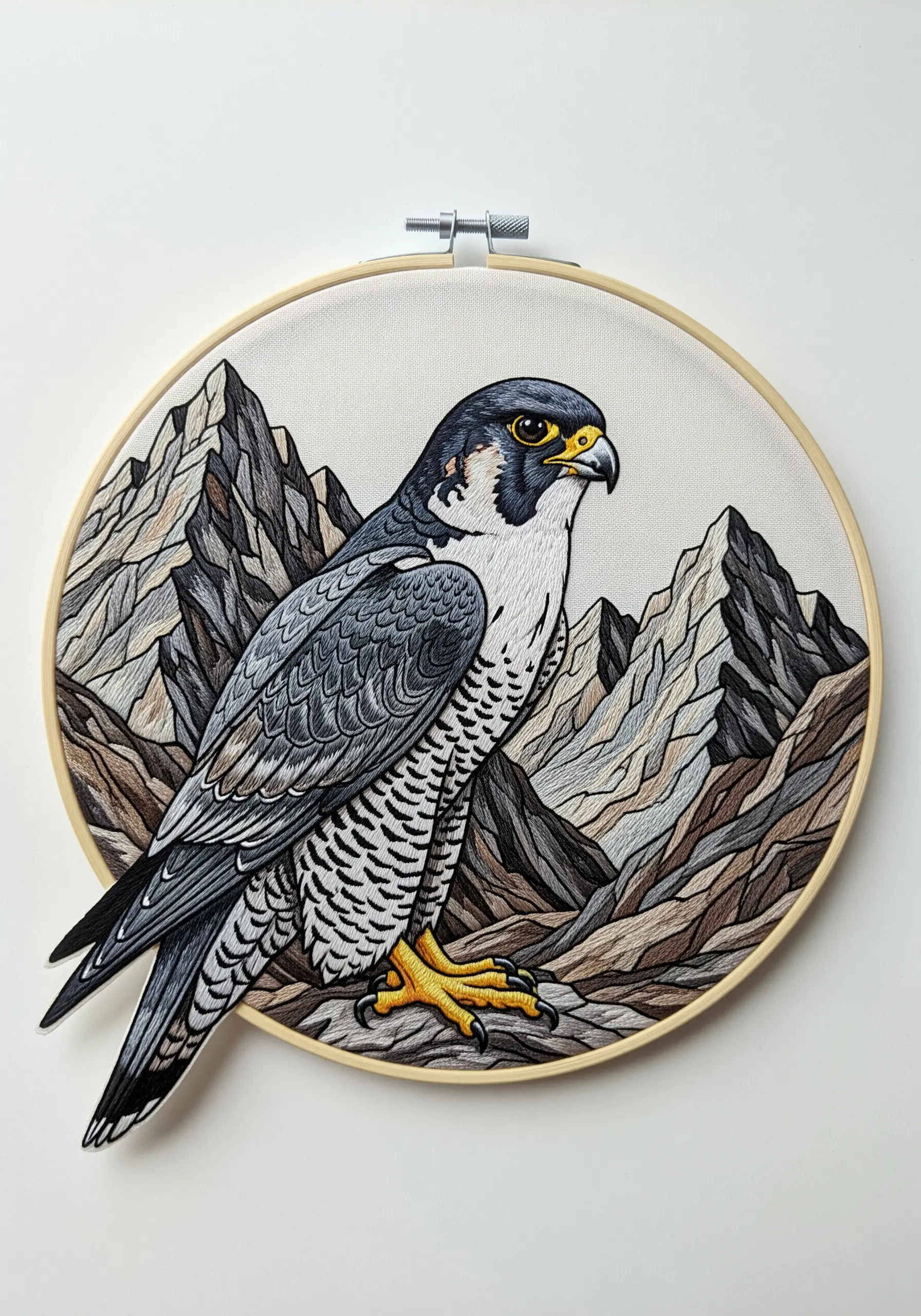 A realistic peregrine falcon embroidered against a background of craggy mountains.