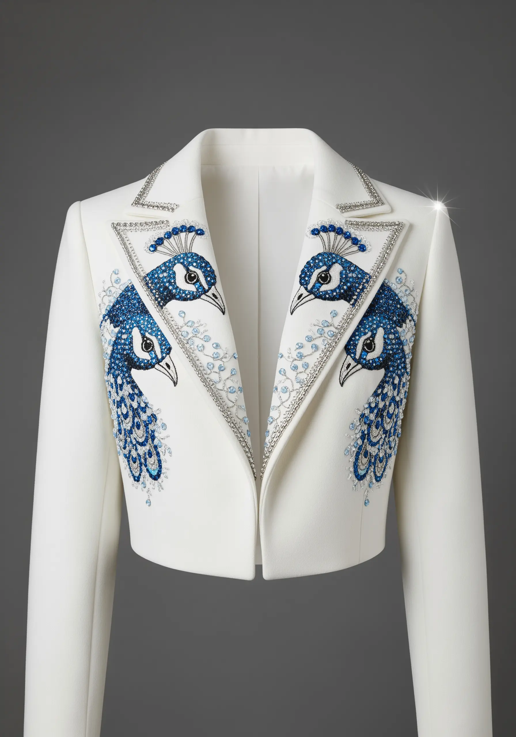 Mirrored peacock heads with blue crystals embellishing the lapels of a white jacket.