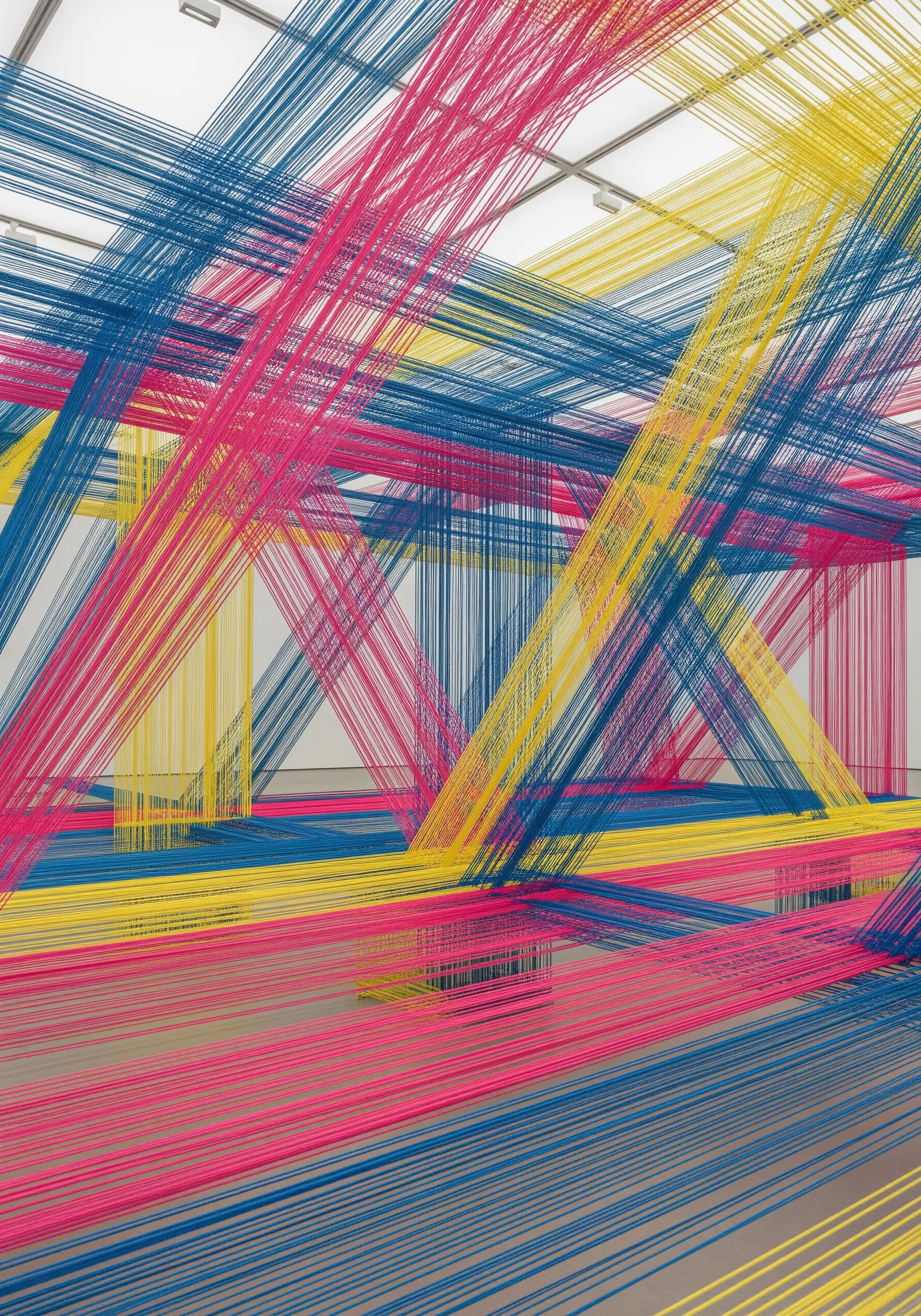 Room-sized installation of tautly stretched pink, blue, and yellow yarn creating geometric shapes.