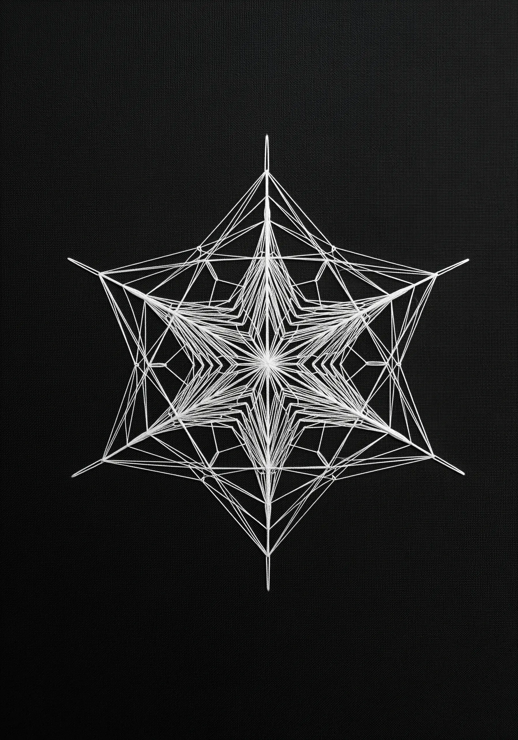 Minimalist white string art star mandala on a stark black fabric background.