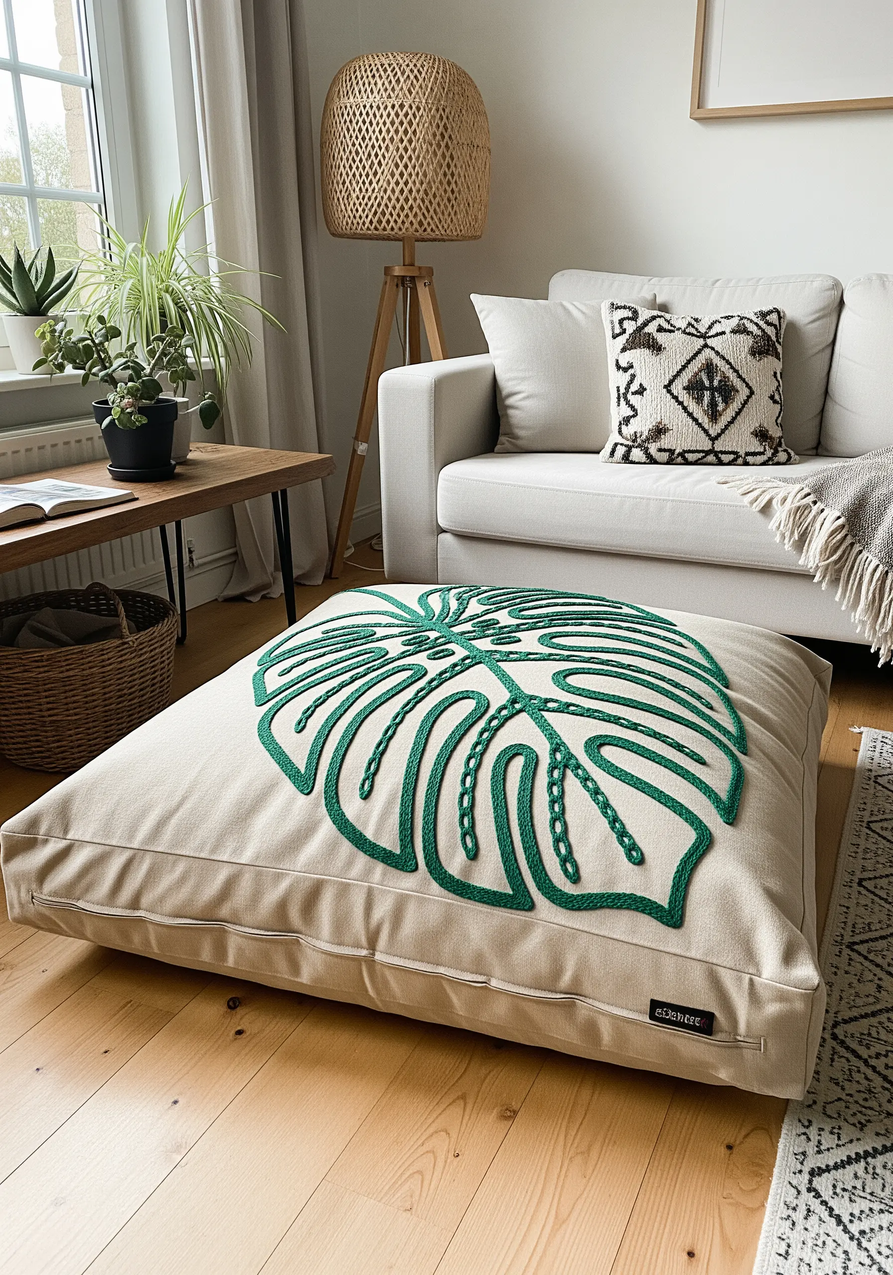 A large monstera leaf outlined in thick green yarn on a beige floor cushion.
