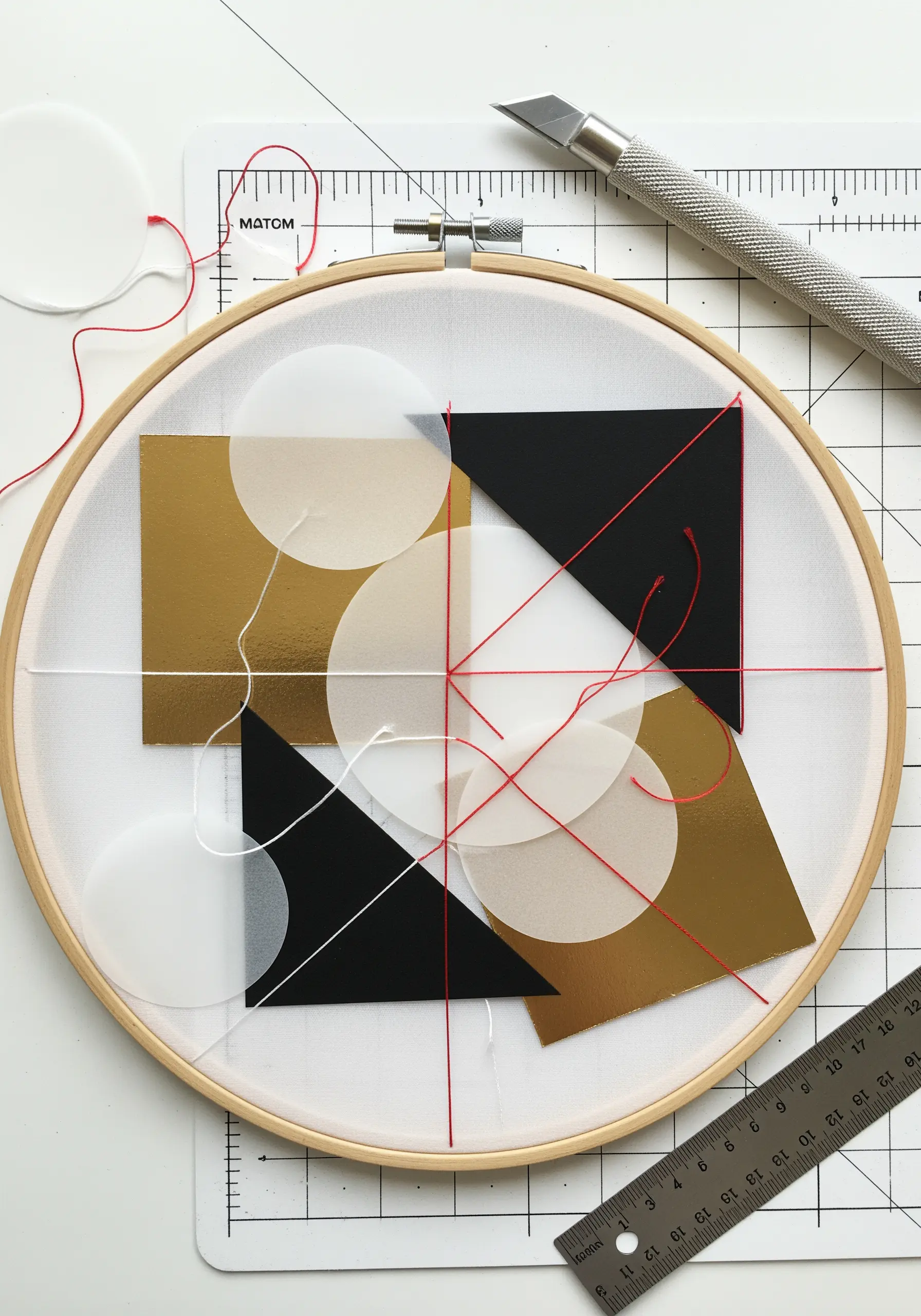 Geometric paper shapes on fabric with red and white threads creating intersecting lines.