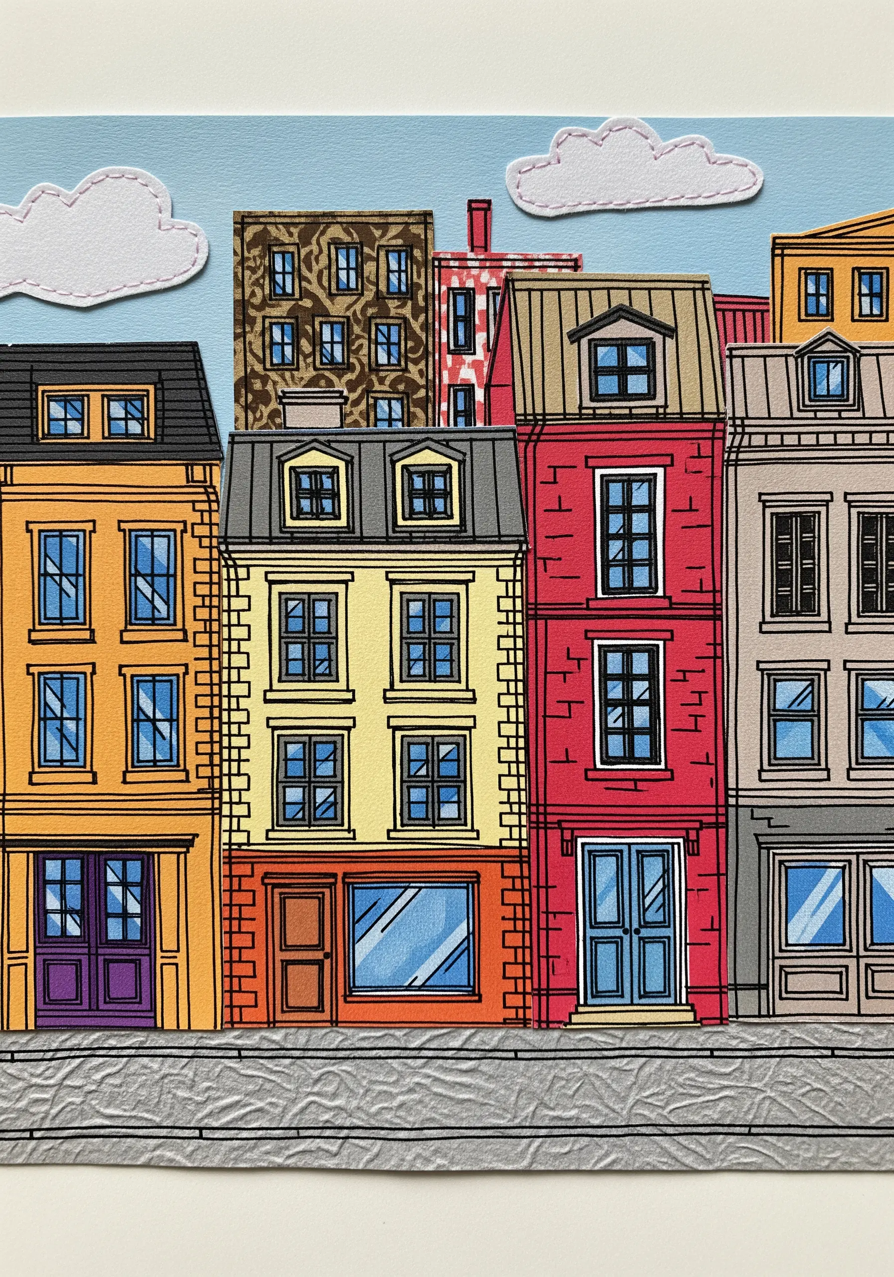Collage of colorful city buildings with details outlined in a loose, black backstitch