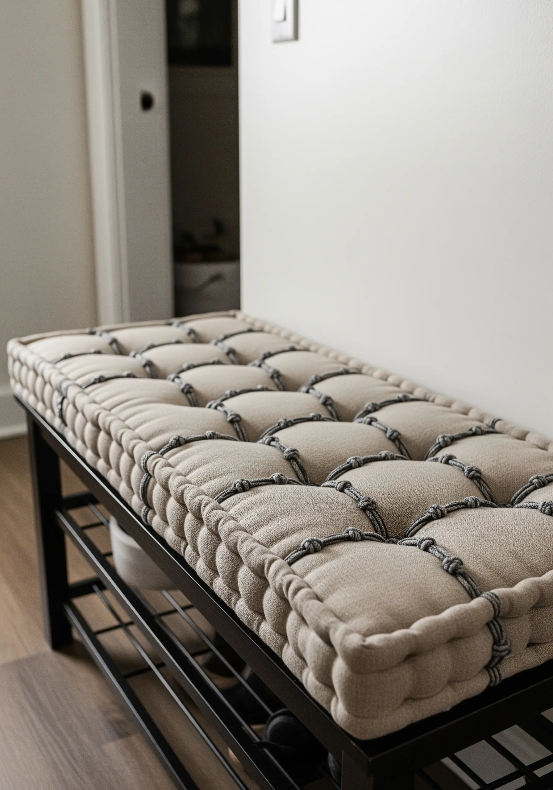 A tufted bench cushion with dark grey thread creating a grid pattern