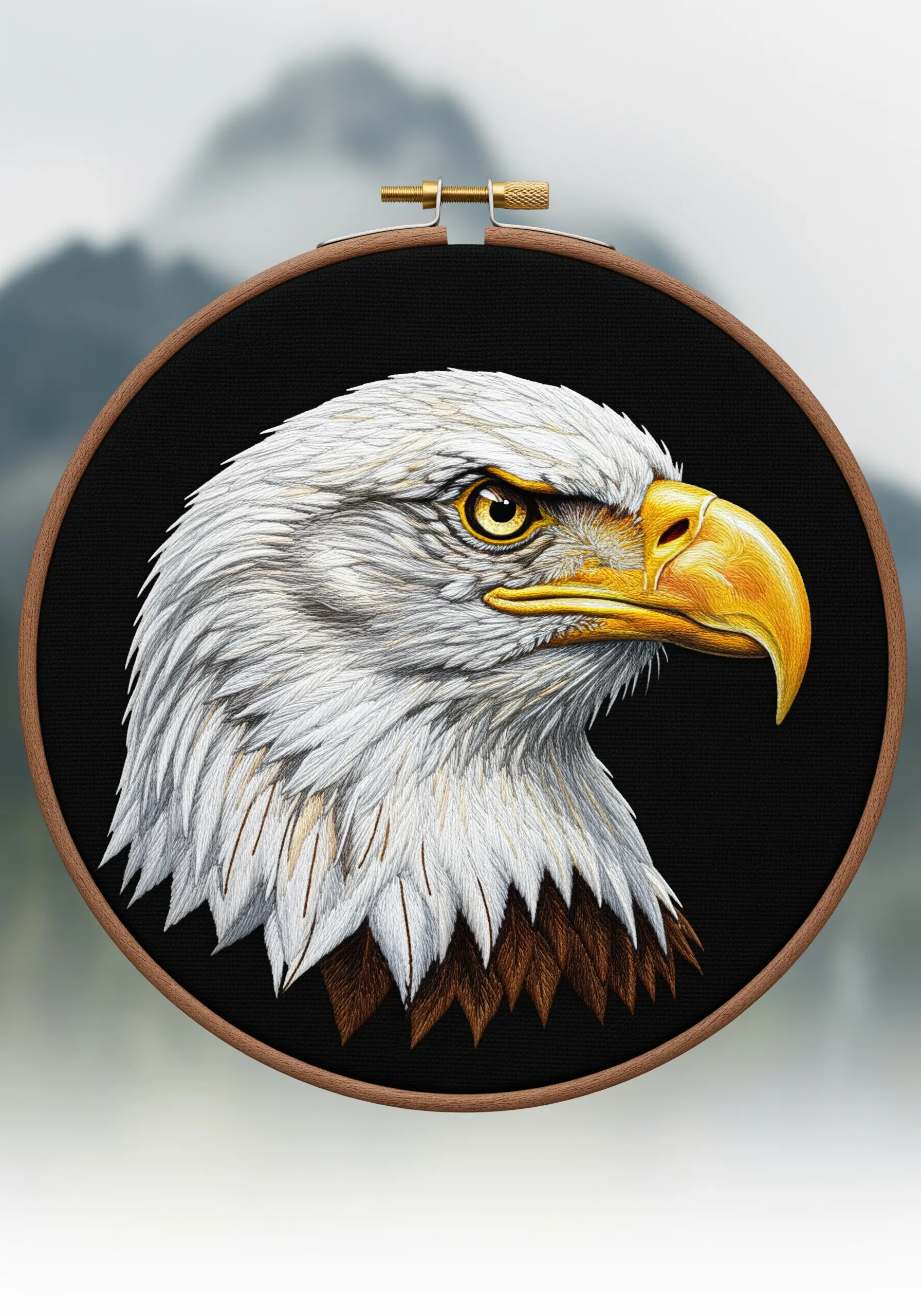 Hyper-realistic eagle head embroidery with detailed thread painting on black fabric.
