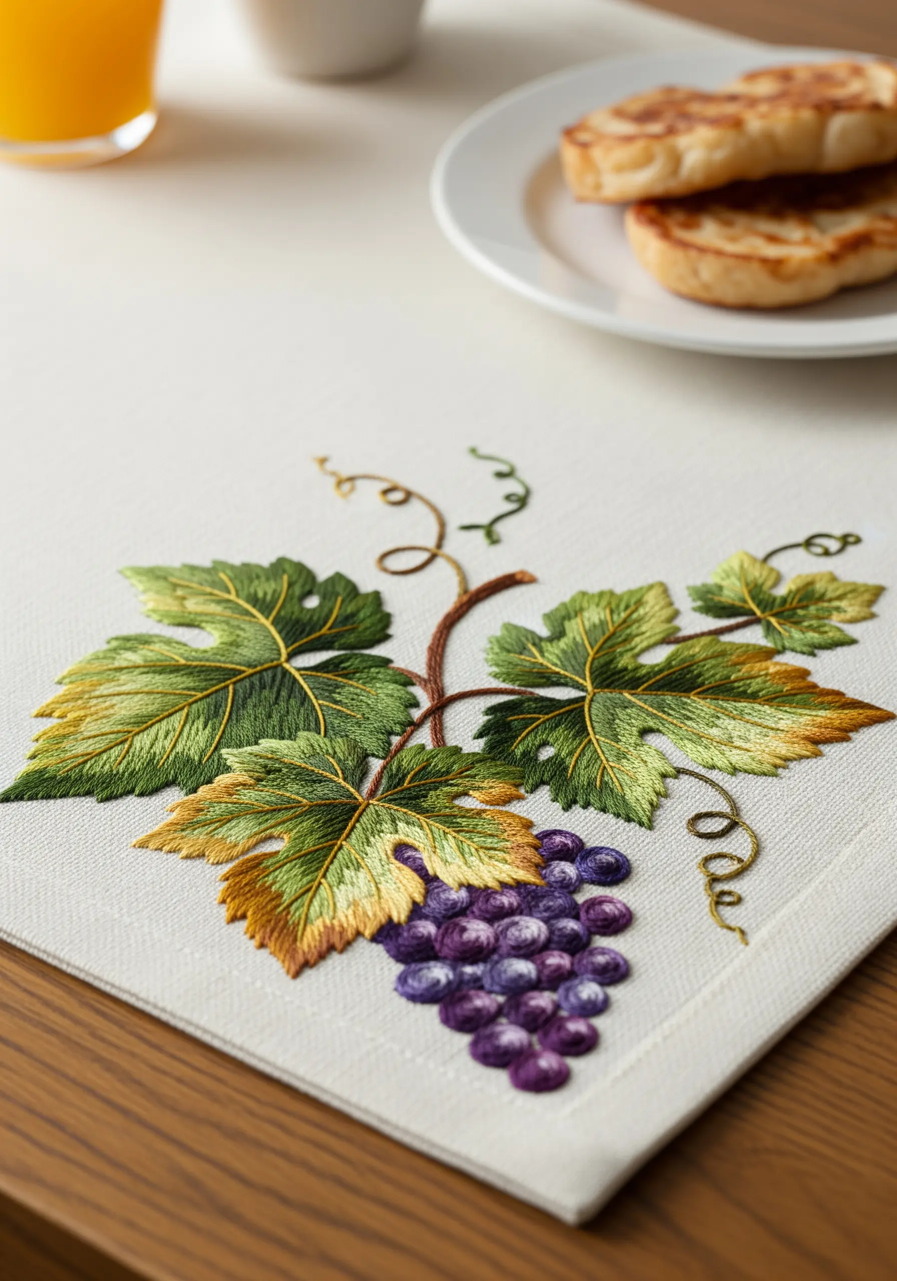 A grapevine with thread-painted leaves blending from green to yellow, and purple grapes.