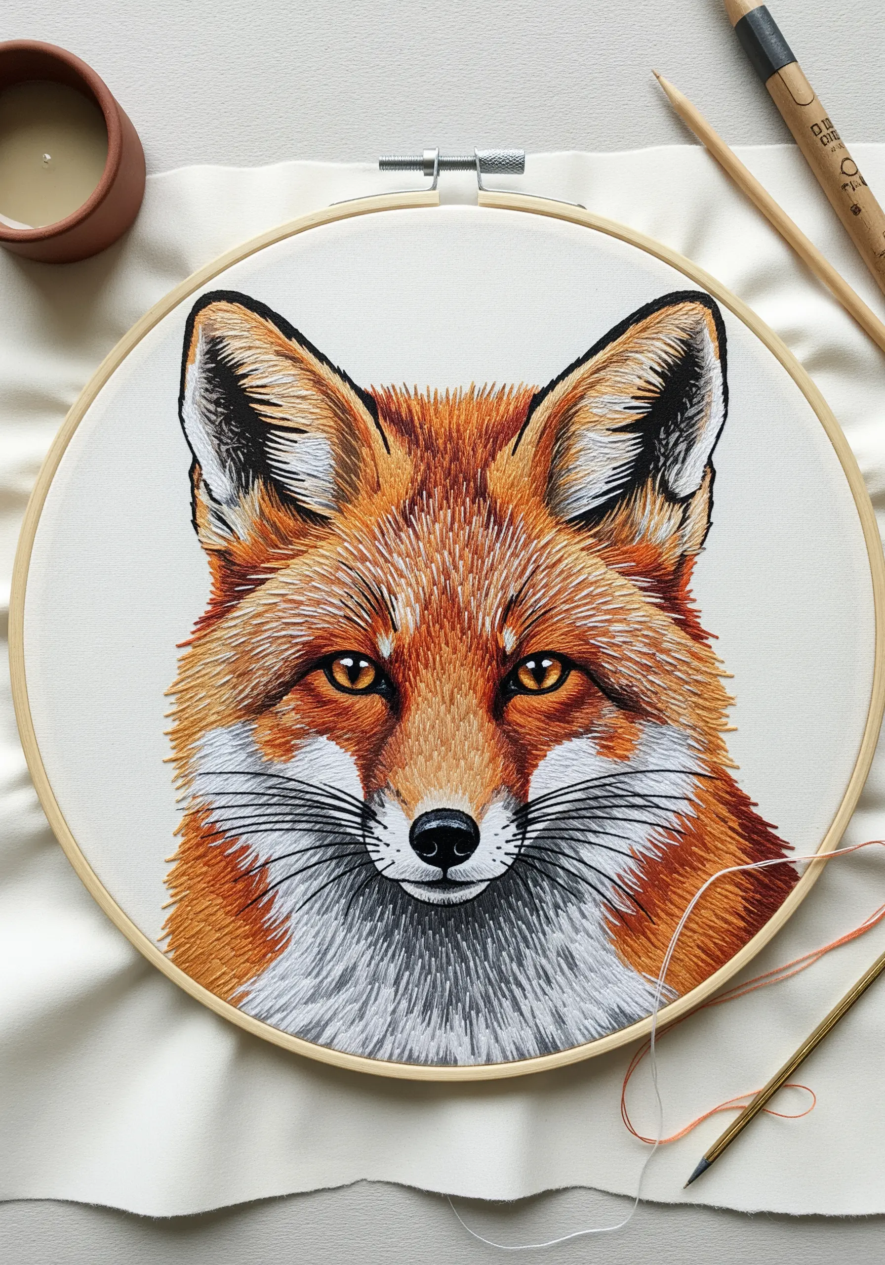 A hyper-realistic embroidered fox portrait in a hoop, potentially combining paper and thread.
