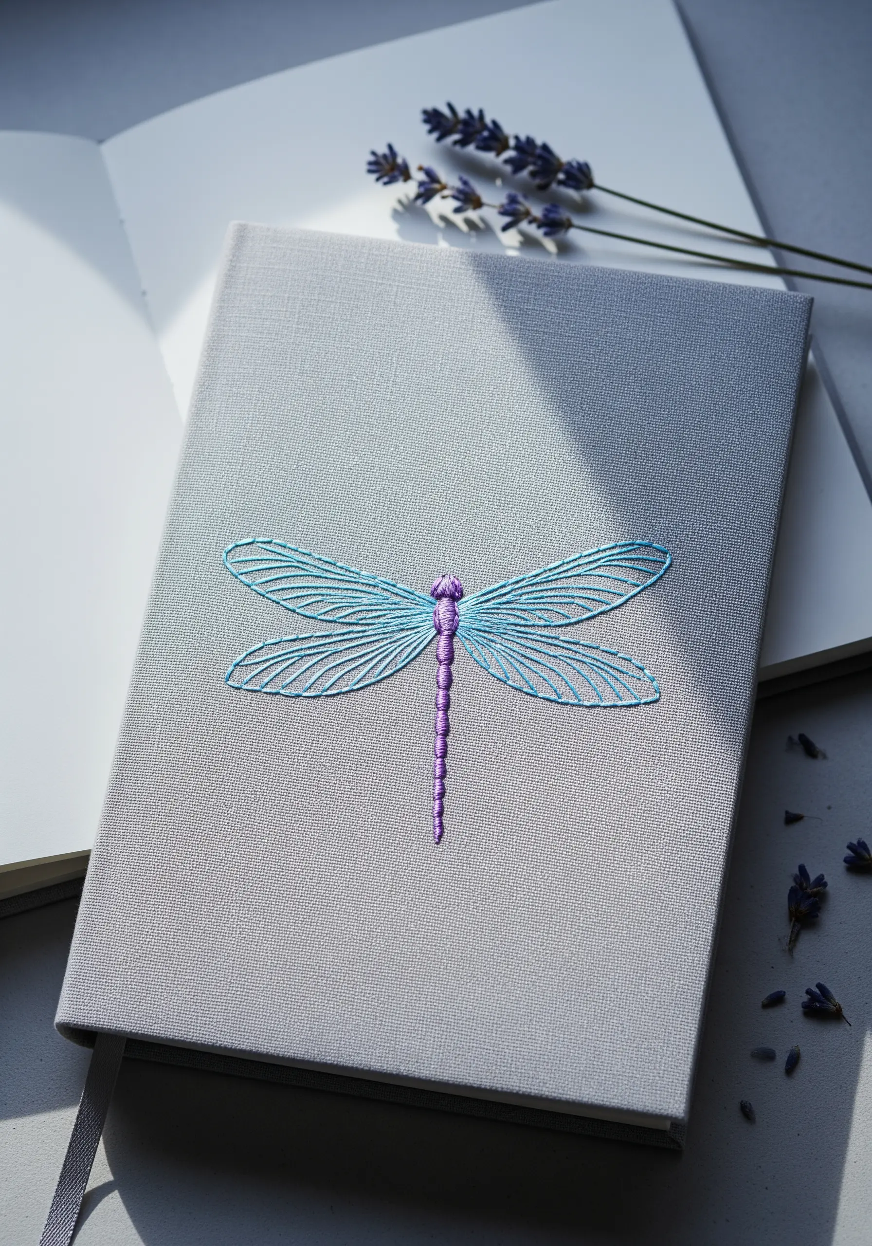 An iridescent dragonfly embroidered on a grey notebook, with delicate wing details.