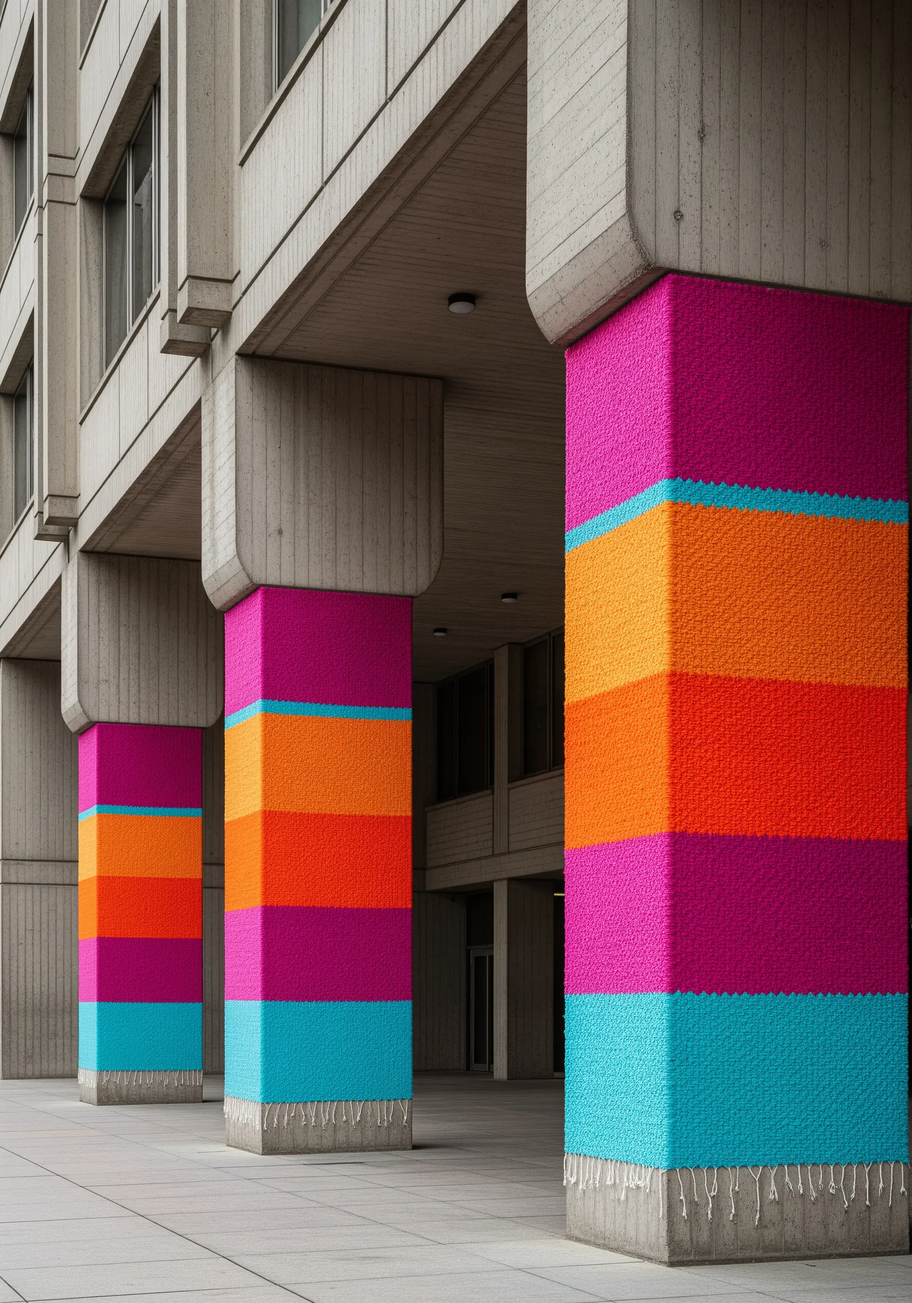 Concrete architectural pillars wrapped tightly in vibrant blocks of colored yarn.