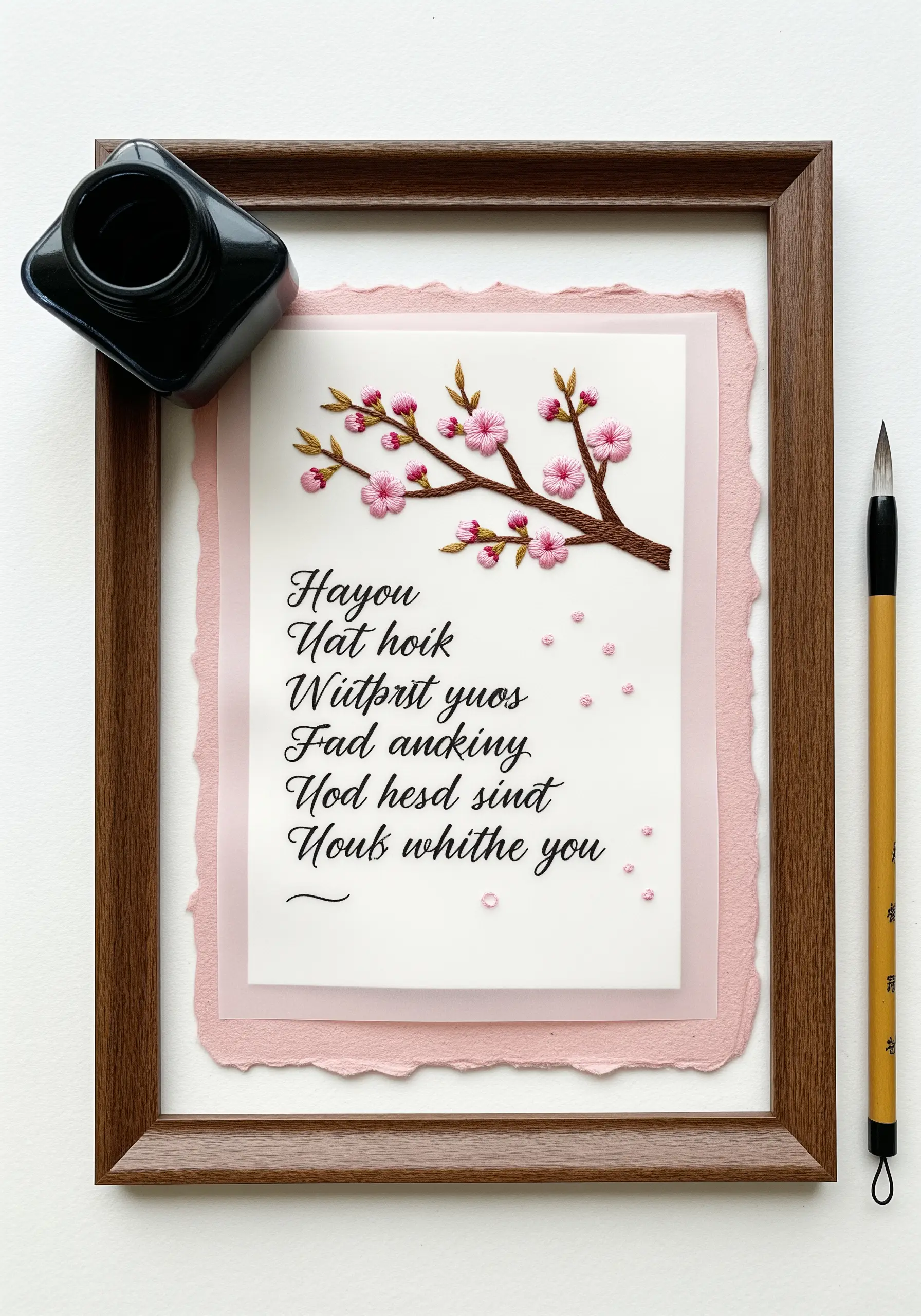 Embroidered cherry blossom branch and calligraphy displayed behind a layer of translucent vellum.