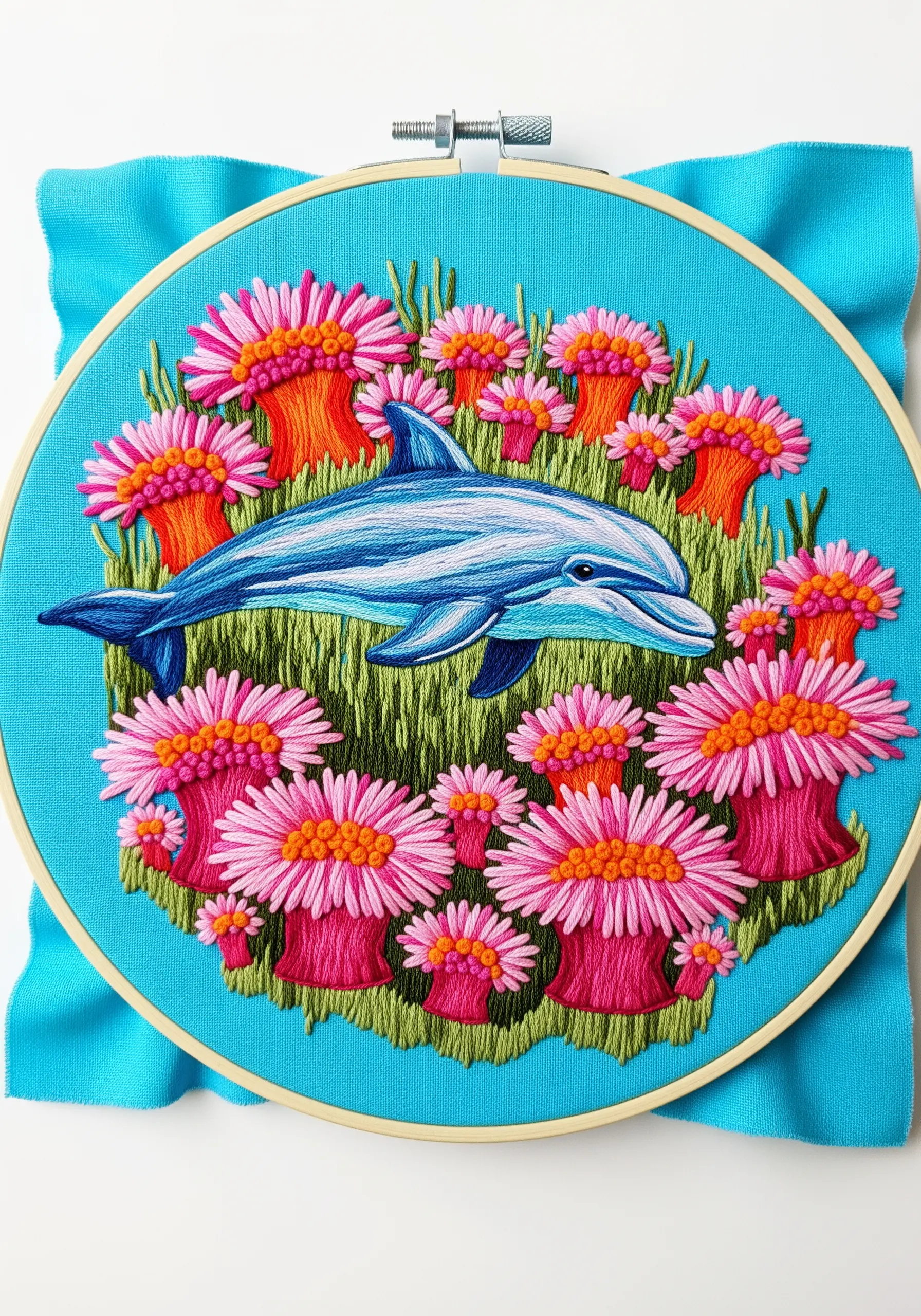 A dolphin swims through a garden of vibrant pink and orange 3D anemones made with Turkey work.