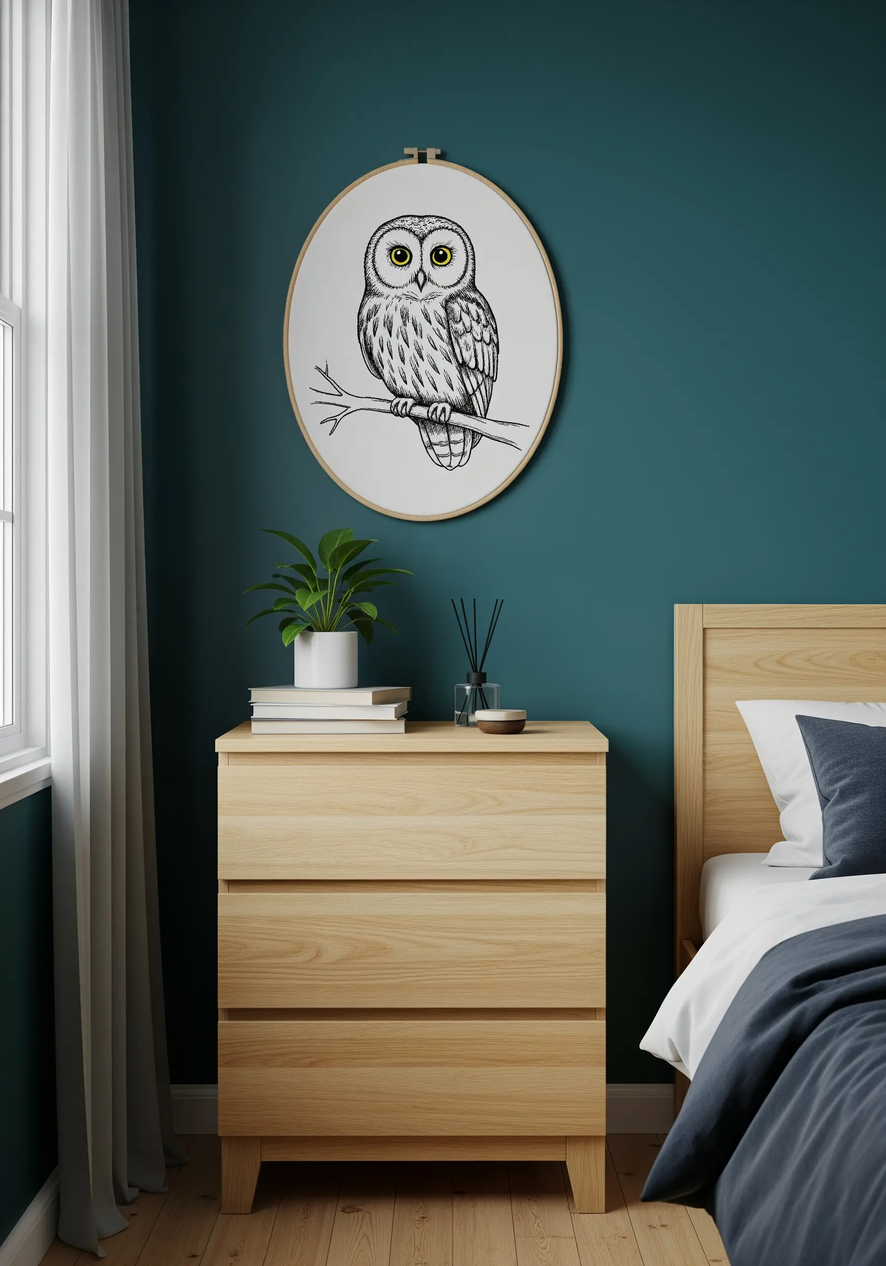 A detailed black-and-white embroidered owl with bright yellow eyes, displayed in an oval hoop on a dark teal wall.
