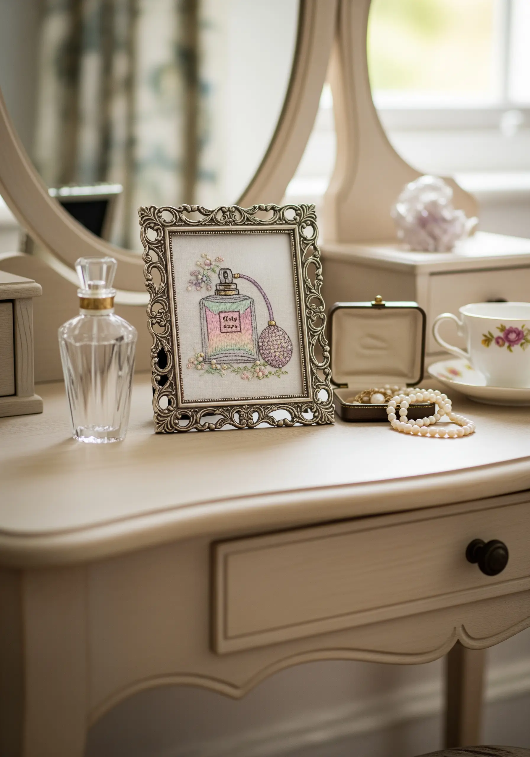 A delicate embroidery of a vintage perfume bottle with pastel colors on a vanity table.