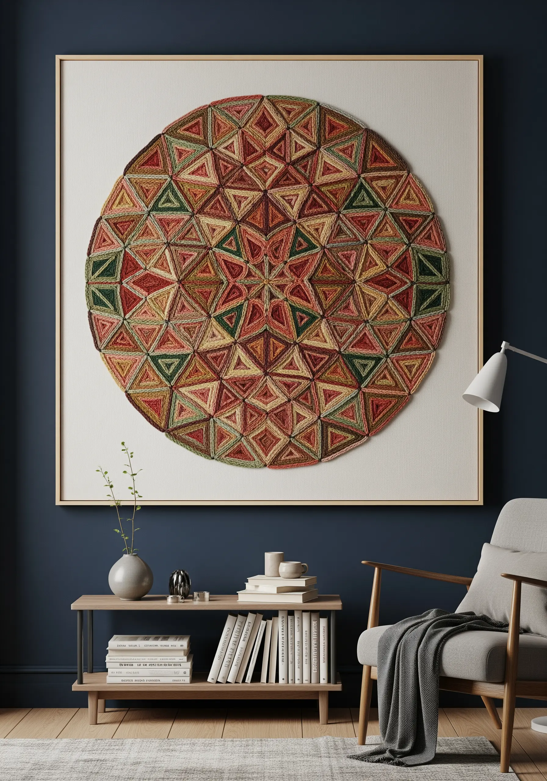 Large framed mandala made of intricate triangular patterns in earthy, variegated yarn.