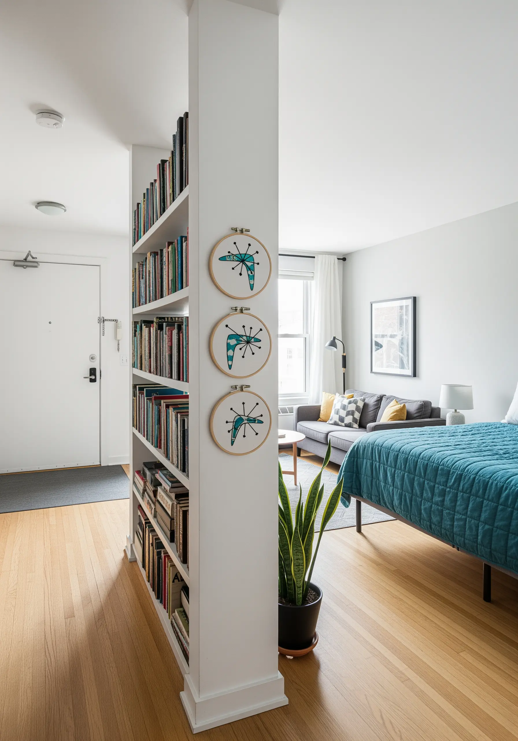 Three mid-century modern abstract embroidery hoops stacked vertically on a narrow pillar wall