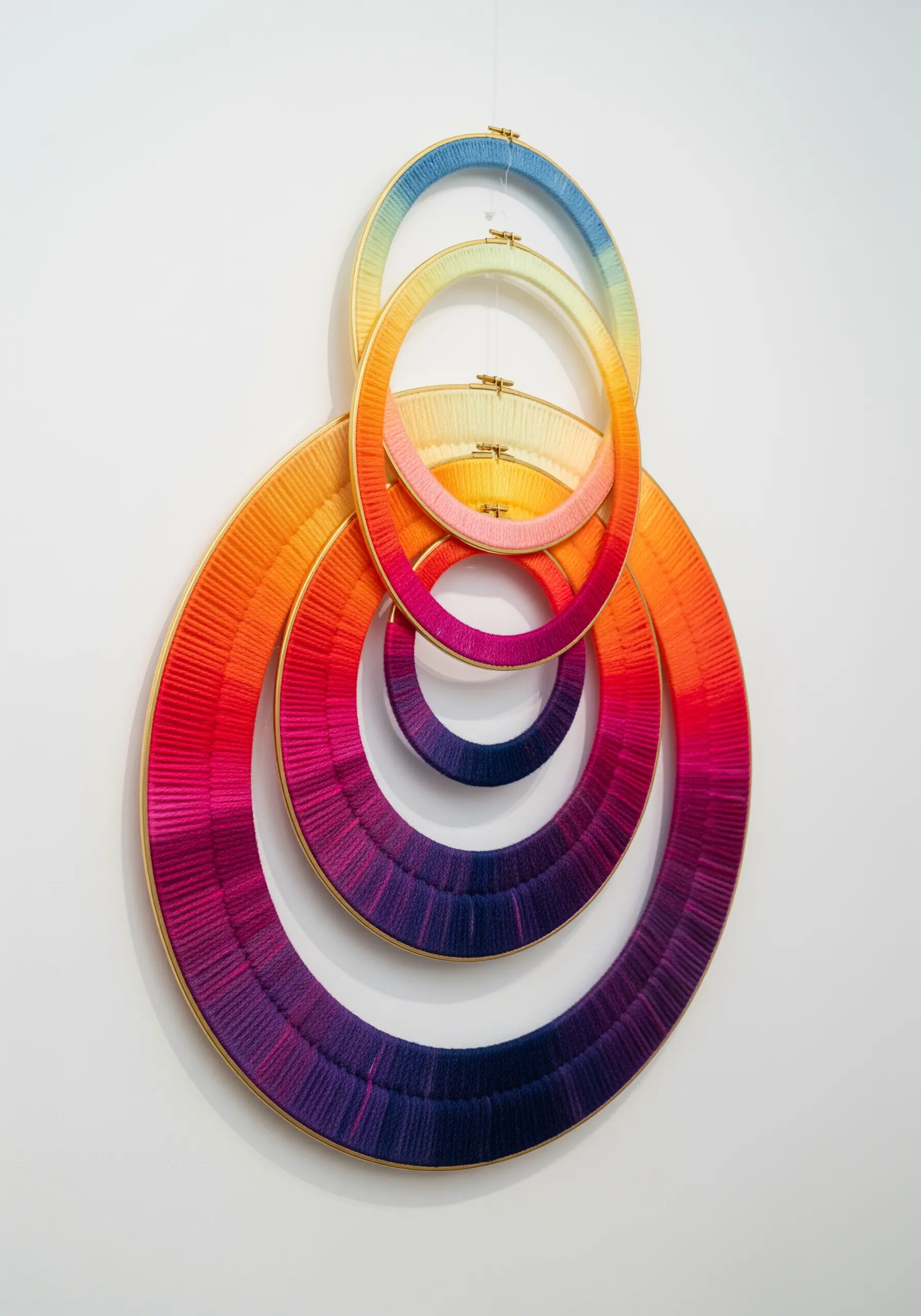 A sculpture of overlapping embroidery hoops wrapped in a vibrant rainbow gradient of yarn.