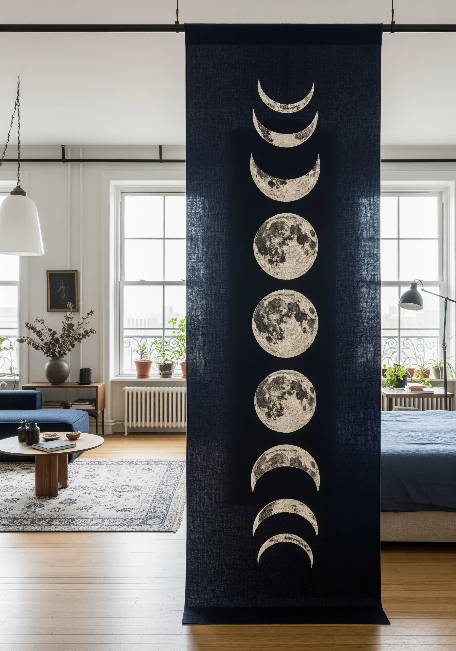 Moon phases created with textured fabric appliqué on a dark navy wall hanging.